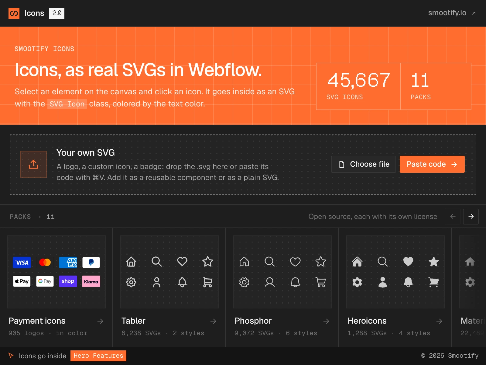 Smootify Icons in the Designer, dark theme: 45,667 SVG icons and 11 packs, the Your own SVG area, and the first packs: Payment icons, Tabler, Phosphor, Heroicons
