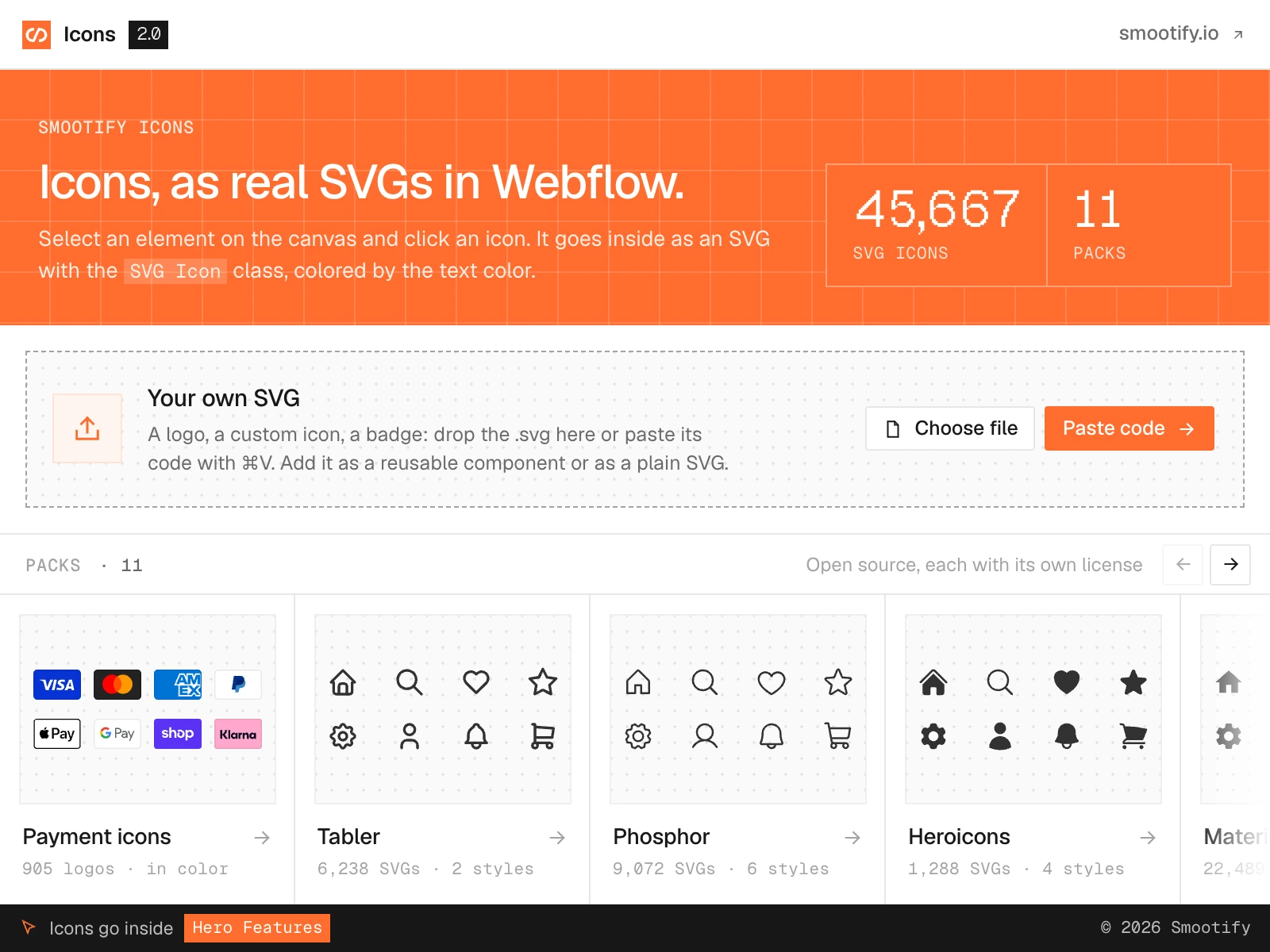 Smootify Icons in the light theme of the Designer: the same home with the packs and the Your own SVG area