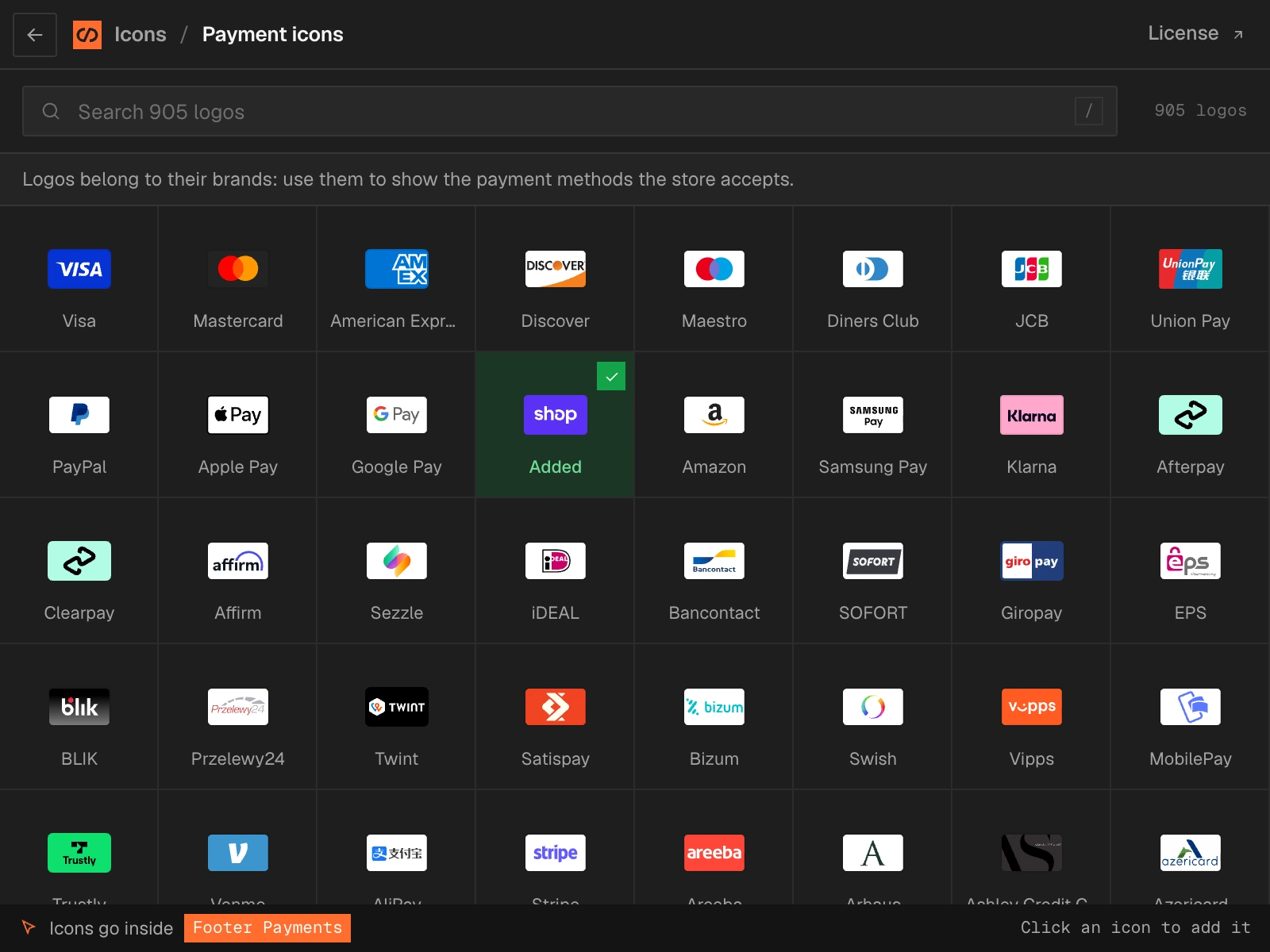 The payment icons pack: 905 logos, Visa, Mastercard, American Express, PayPal, Apple Pay, Google Pay and more, with Shop Pay just added, and the note that logos belong to their brands