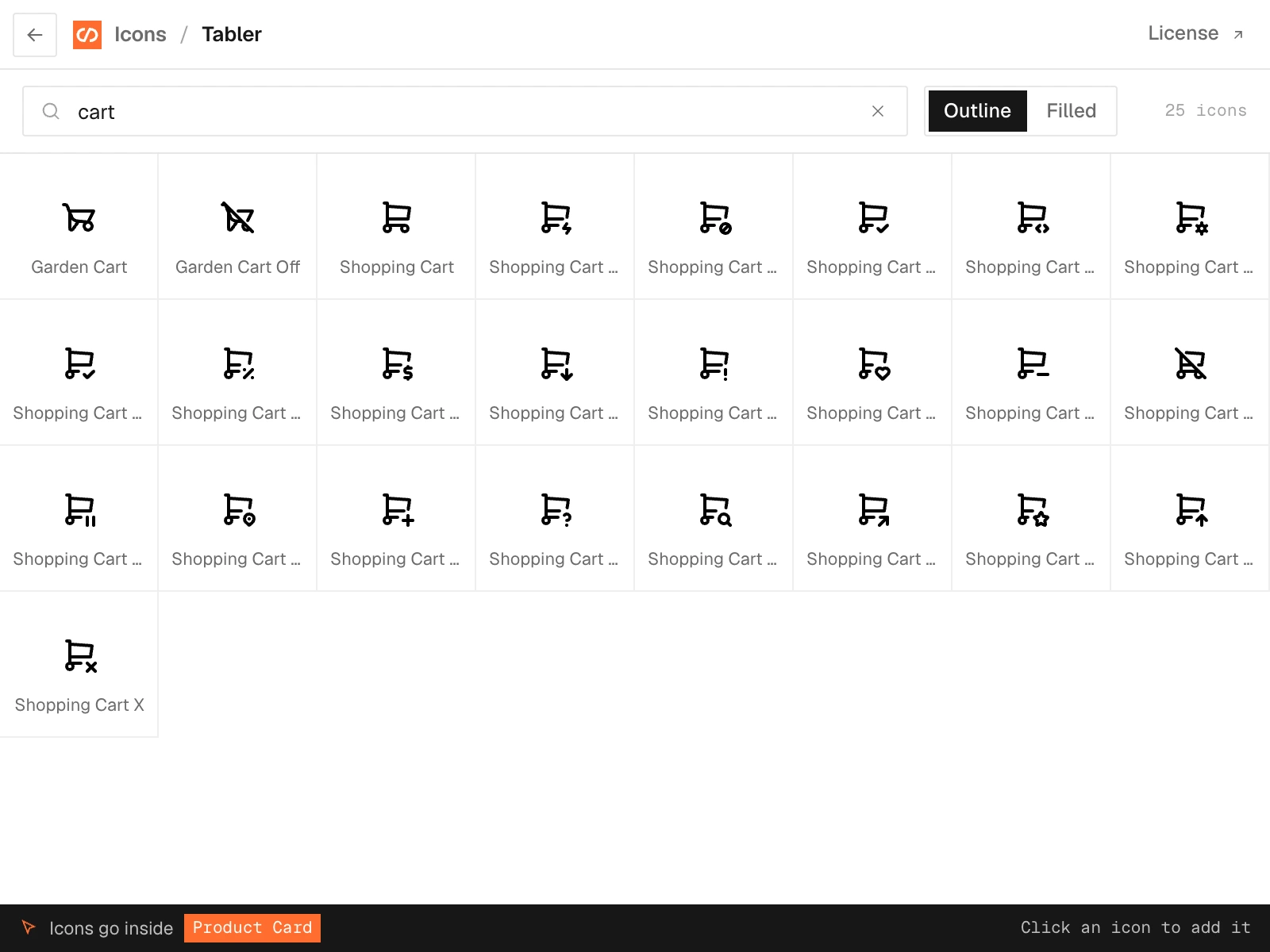 The Tabler pack, light theme, searched for cart: 25 icons, Outline selected, the bar at the bottom saying icons go inside Product Card