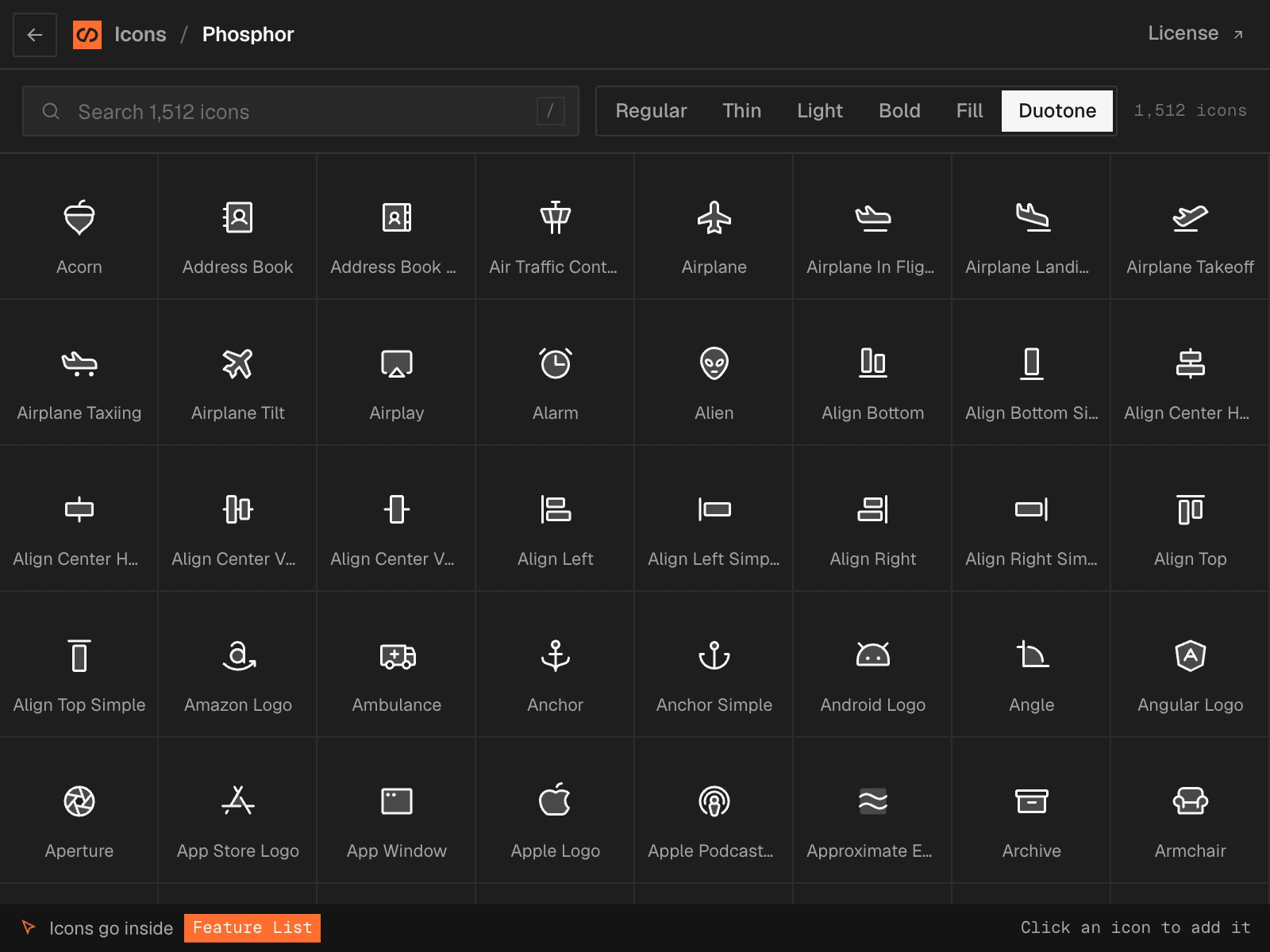 The Phosphor pack with its six styles, Regular, Thin, Light, Bold, Fill and Duotone, Duotone selected, and a grid of icons from Acorn to Armchair