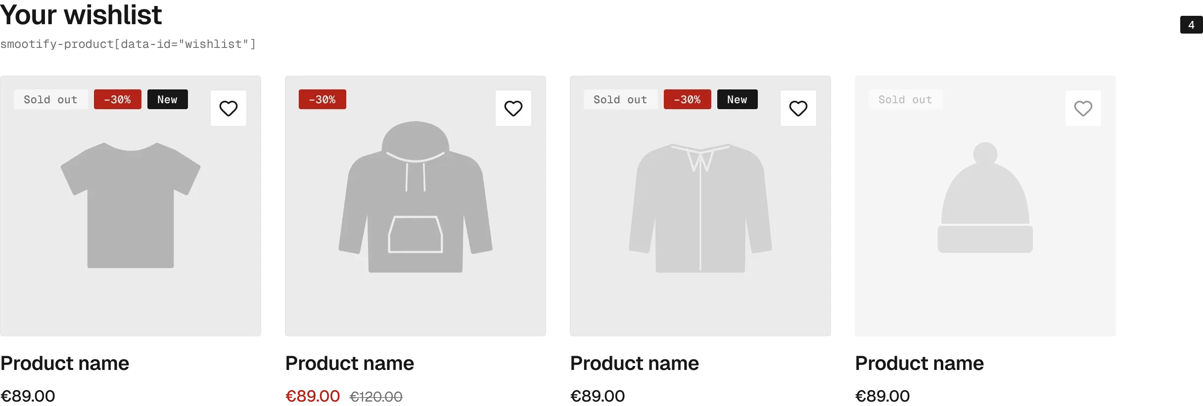 Wishlist / Page in the wireframe kit