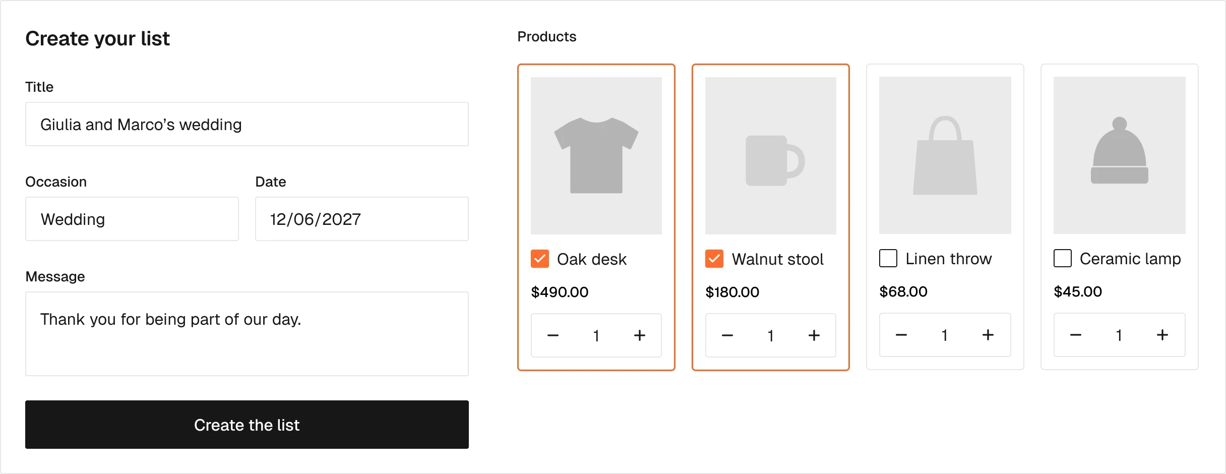 Server / Gift list form in the wireframe kit