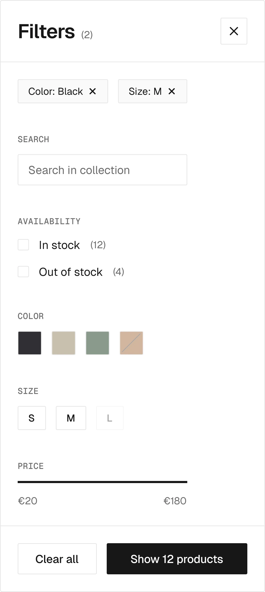 Filters / Panel in the wireframe kit