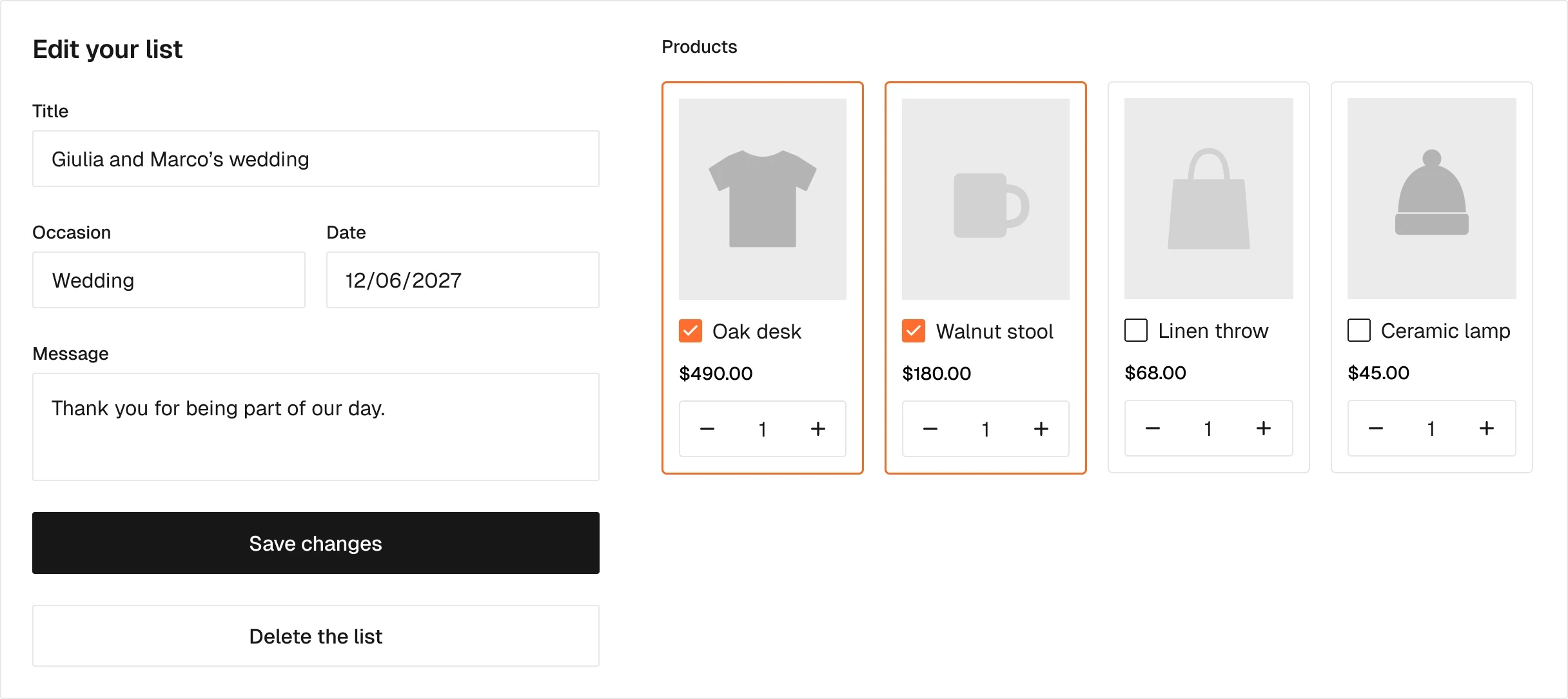 Server / Gift list editor in the wireframe kit