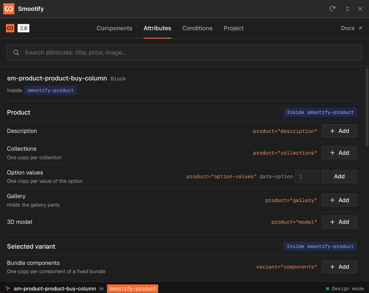 The Attributes tab for a block inside smootify-product: Description, Collections, Option values with a data-option field, Gallery, 3D model, and the selected variant's Bundle components, each with Add