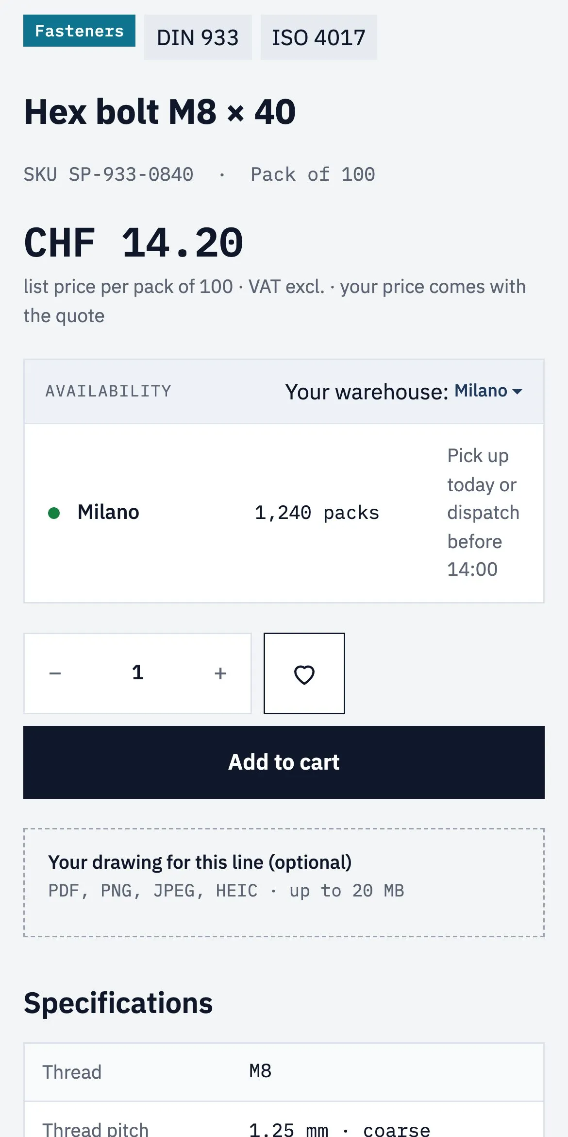 The product page at phone width: price, quantity, Add to cart and an optional drawing upload for the line
