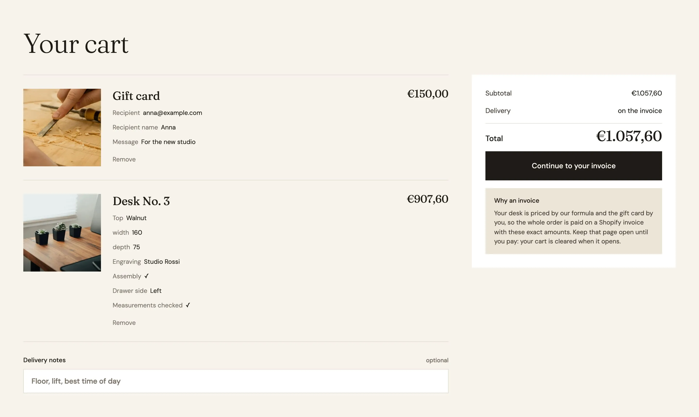 The cart with a gift card at €150 and the configured desk at €907.60, every choice listed under each line, total €1,057.60