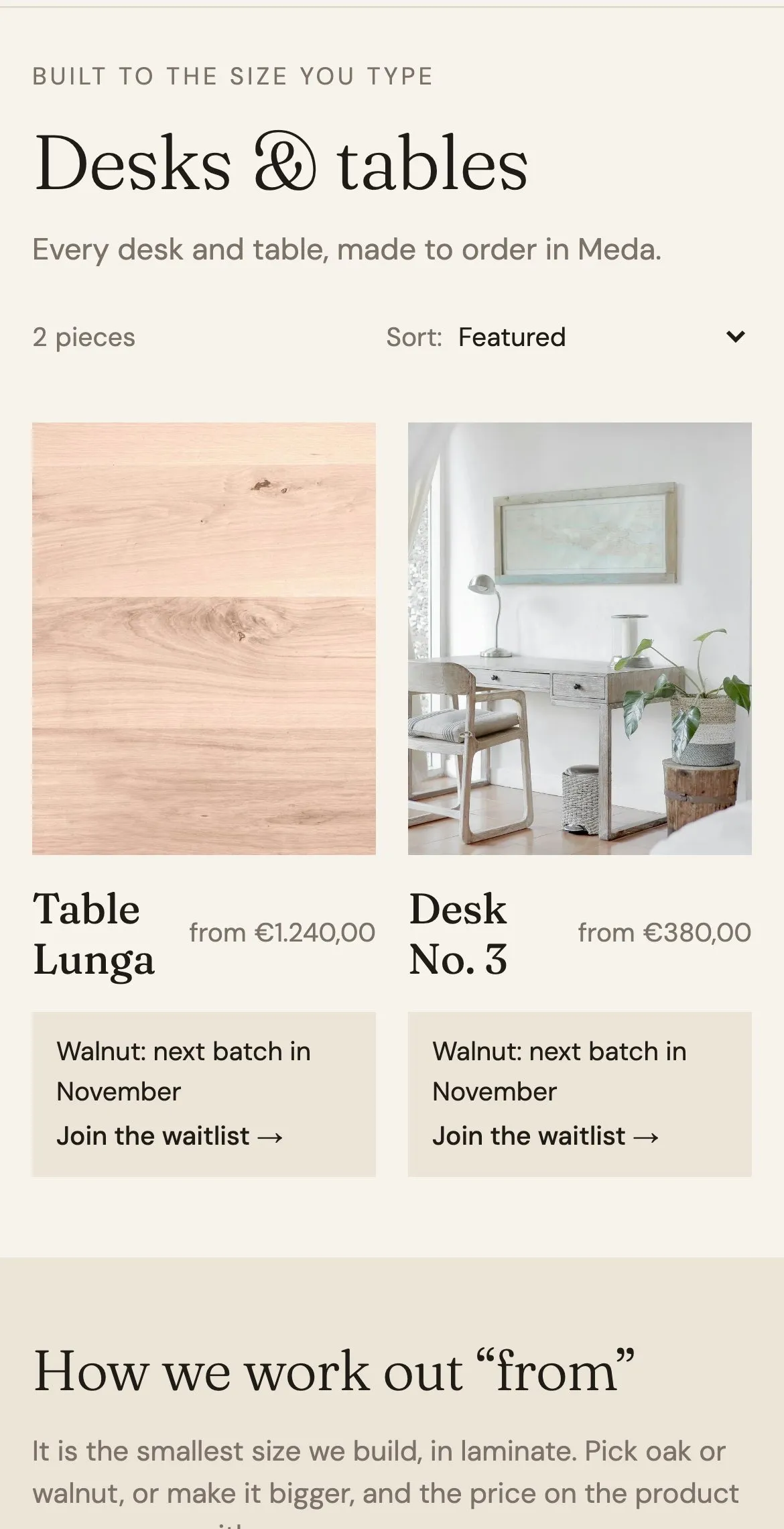 Desks and tables on a phone, each card noting that walnut comes with the next batch in November