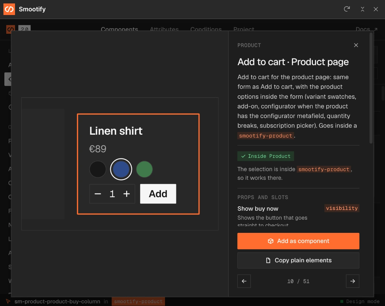 The detail of Add to cart · Product page: a preview, what it contains, the check that the selection is inside smootify-product, its props and slots, and the Add as component and Copy plain elements buttons
