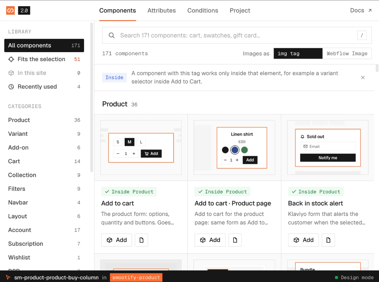 The Components tab in the light theme: all 171 components, the categories on the left, Add to cart, Add to cart · Product page and Back in stock alert
