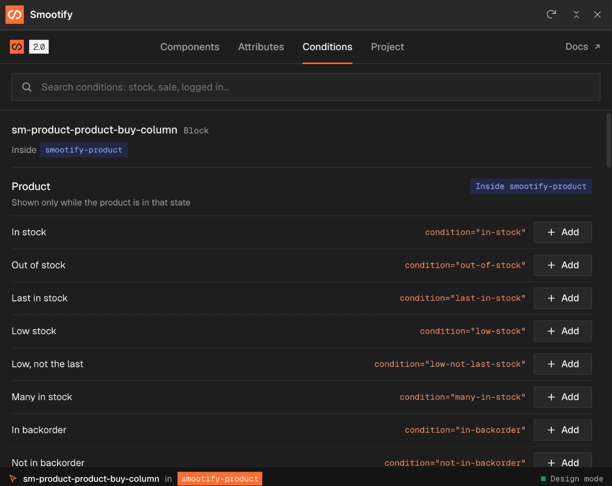 The Conditions tab for a block inside smootify-product: In stock, Out of stock, Last in stock, Low stock, Low not the last, Many in stock, In backorder, Not in backorder, each with Add