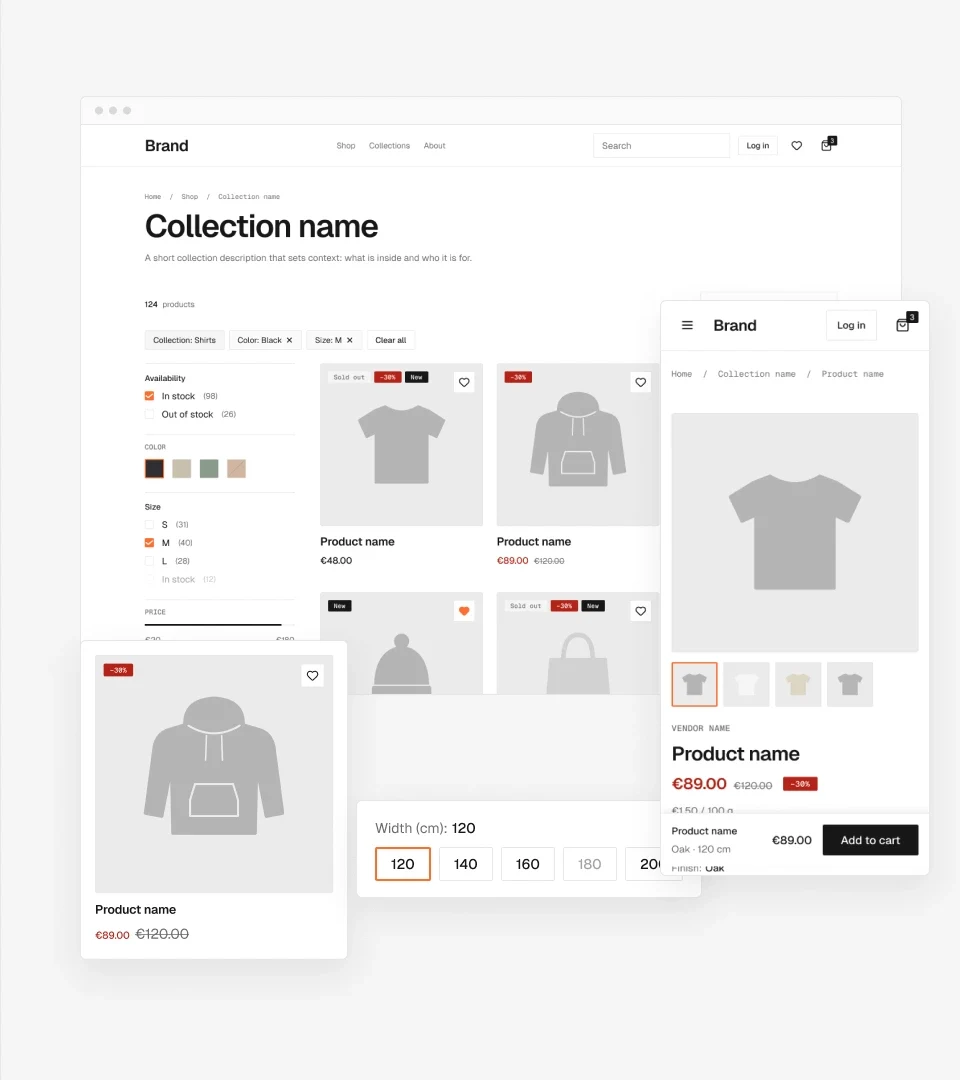 Collection page, product card, swatches and mobile product page from the wireframe kit