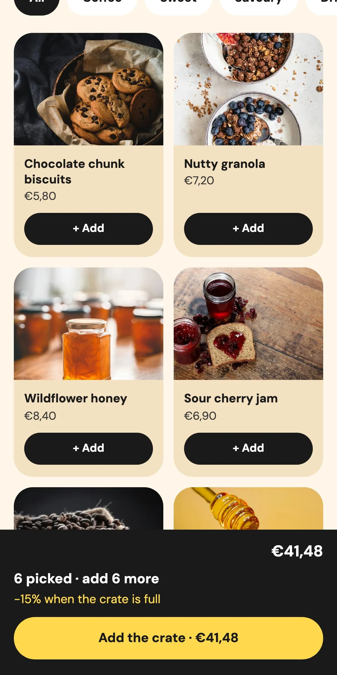 The crate builder on a phone, with a sticky bar showing six picked and the Add the crate button