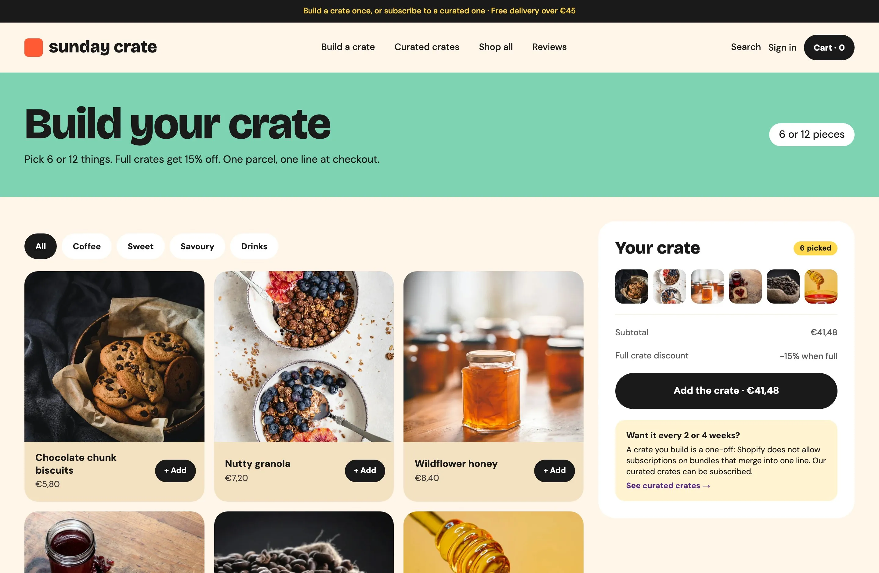 The Build your crate page with six pantry products in the crate panel, €41.48 after the full-crate discount