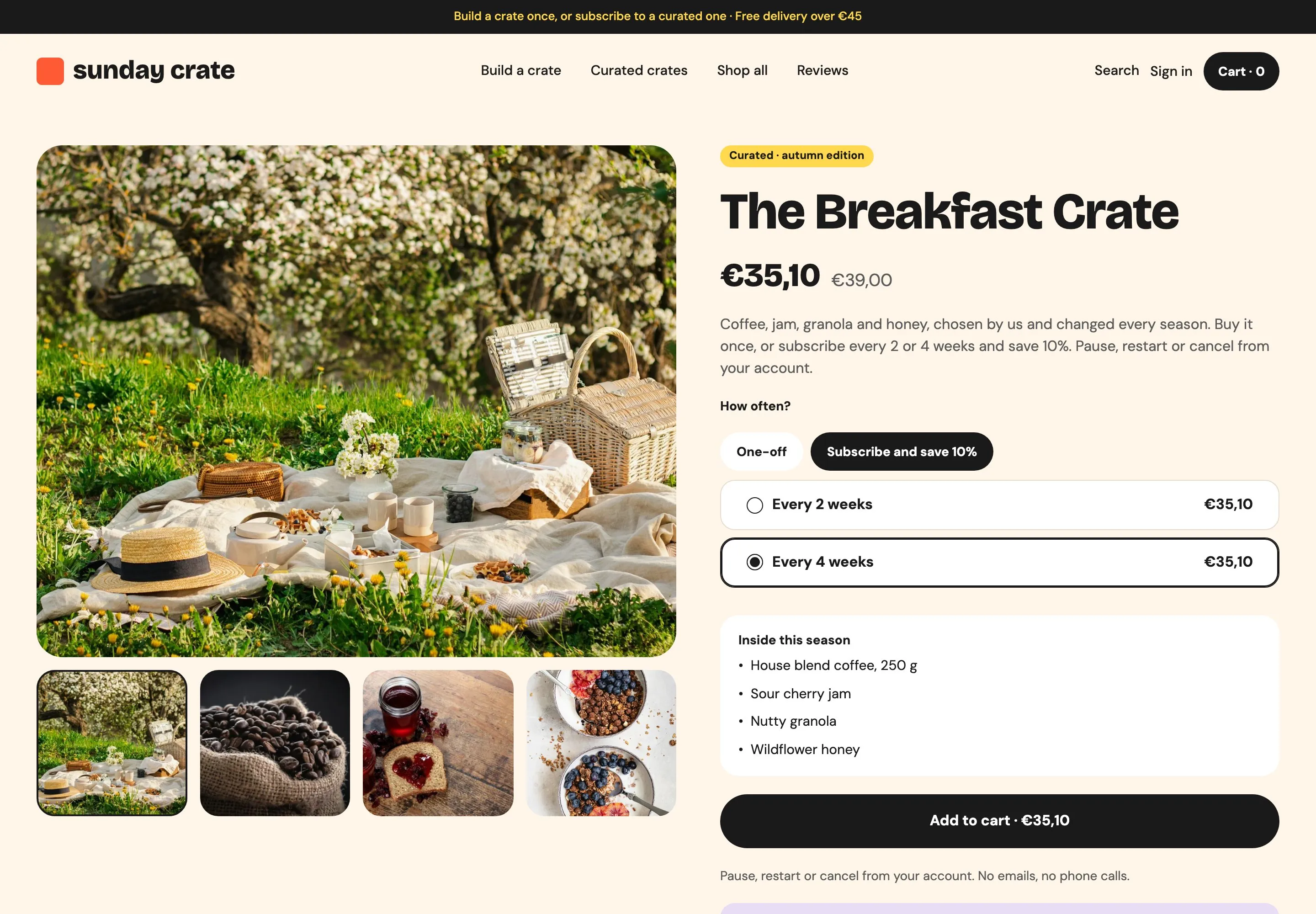 The Breakfast Crate page with Subscribe and save 10% chosen, Every 4 weeks selected at €35.10 instead of €39