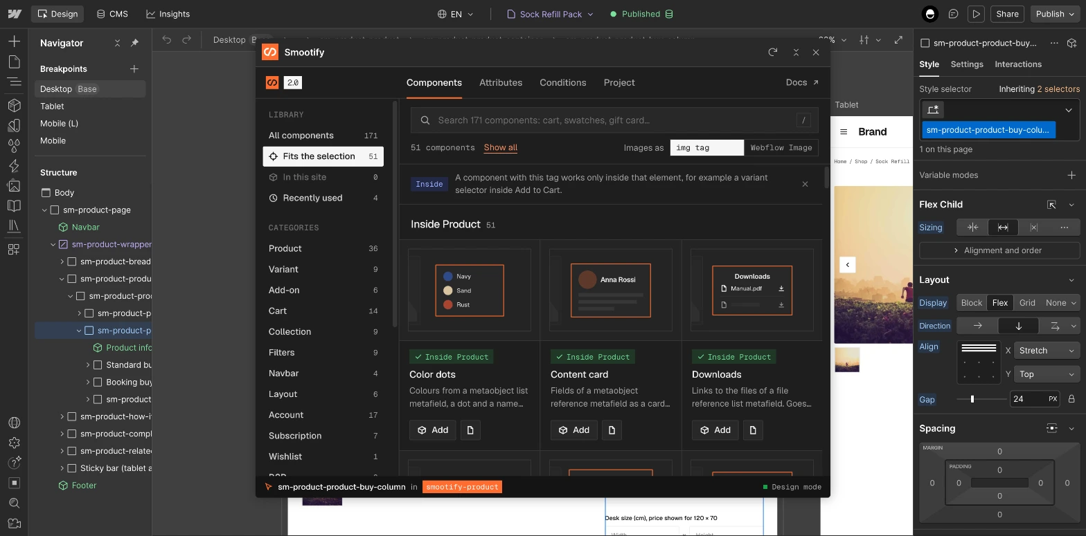 The Smootify app open in the Webflow Designer over a product page: the Components tab filtered to the 51 components that fit the selected element, inside smootify-product