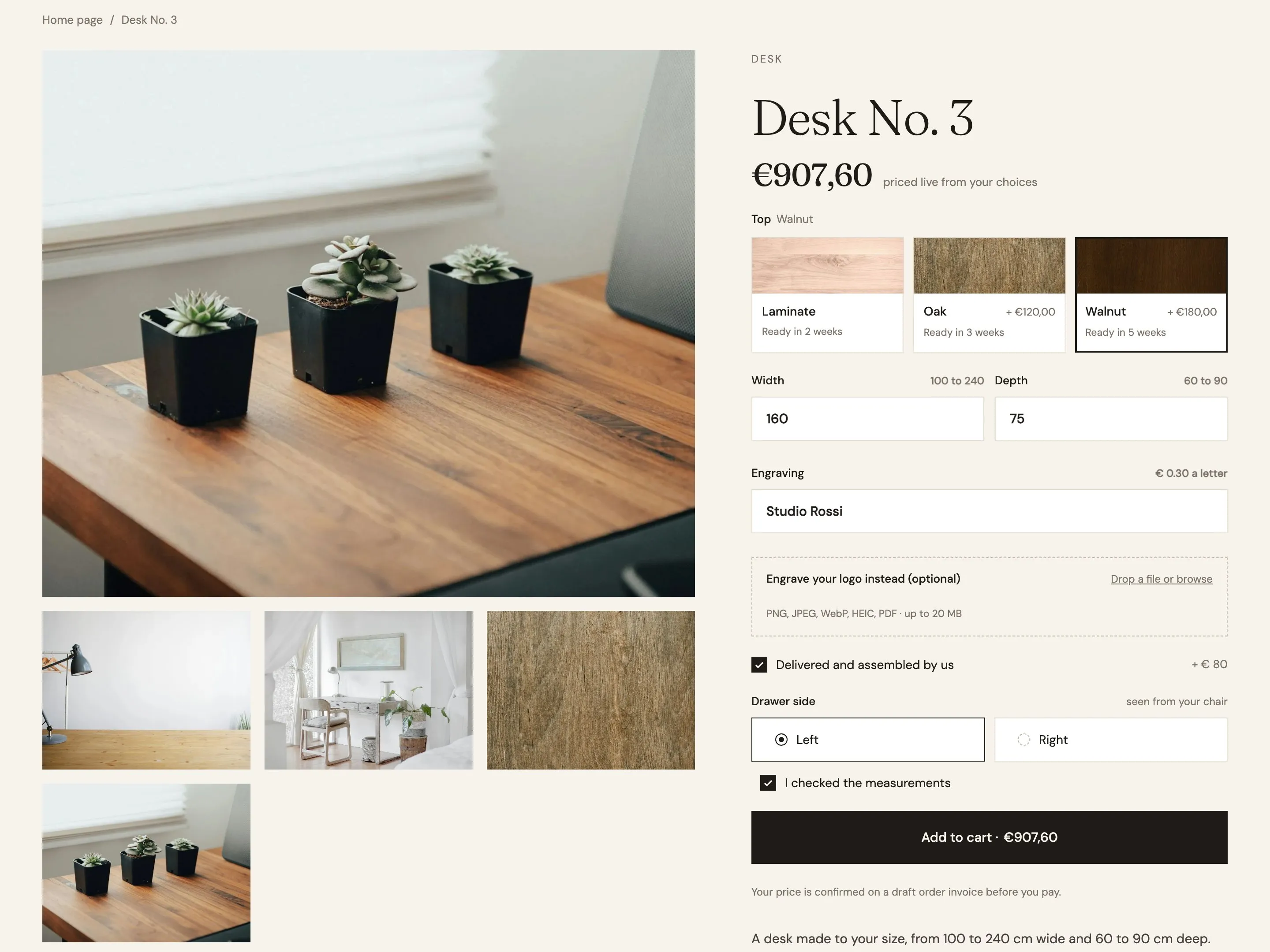 Desk No. 3 configured in walnut, 160 by 75 cm, with an engraving and assembly, priced at €907.60