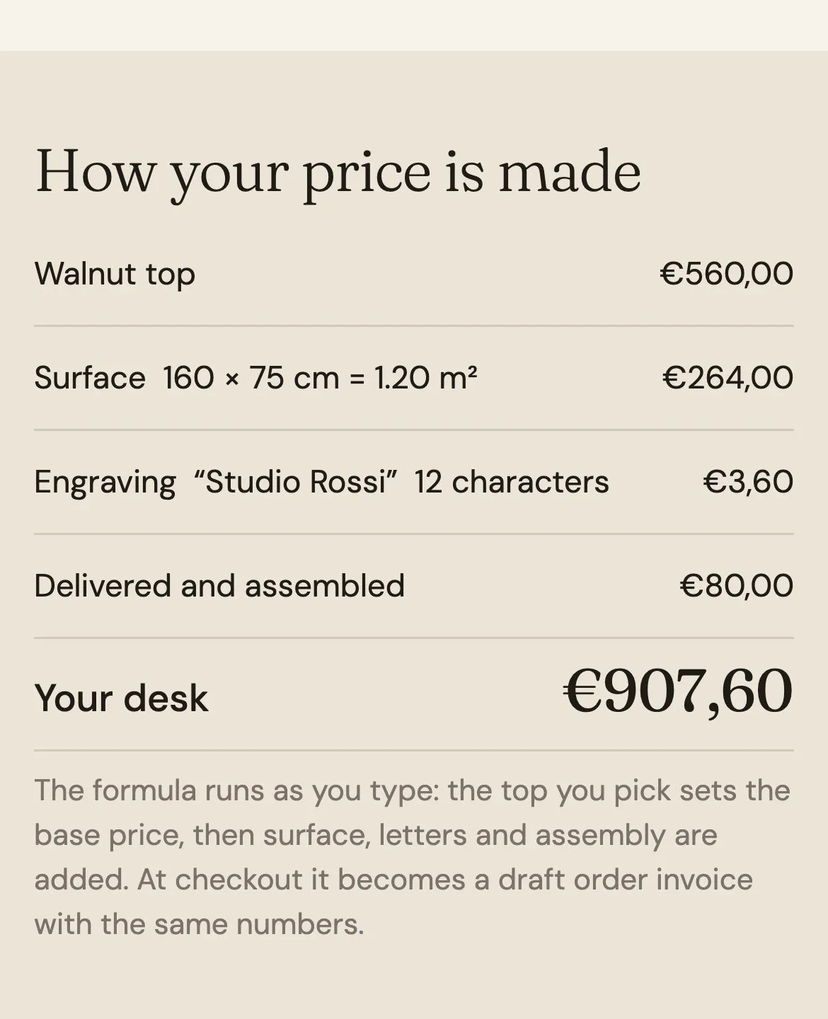 The “How your price is made” summary on a phone, one row per choice