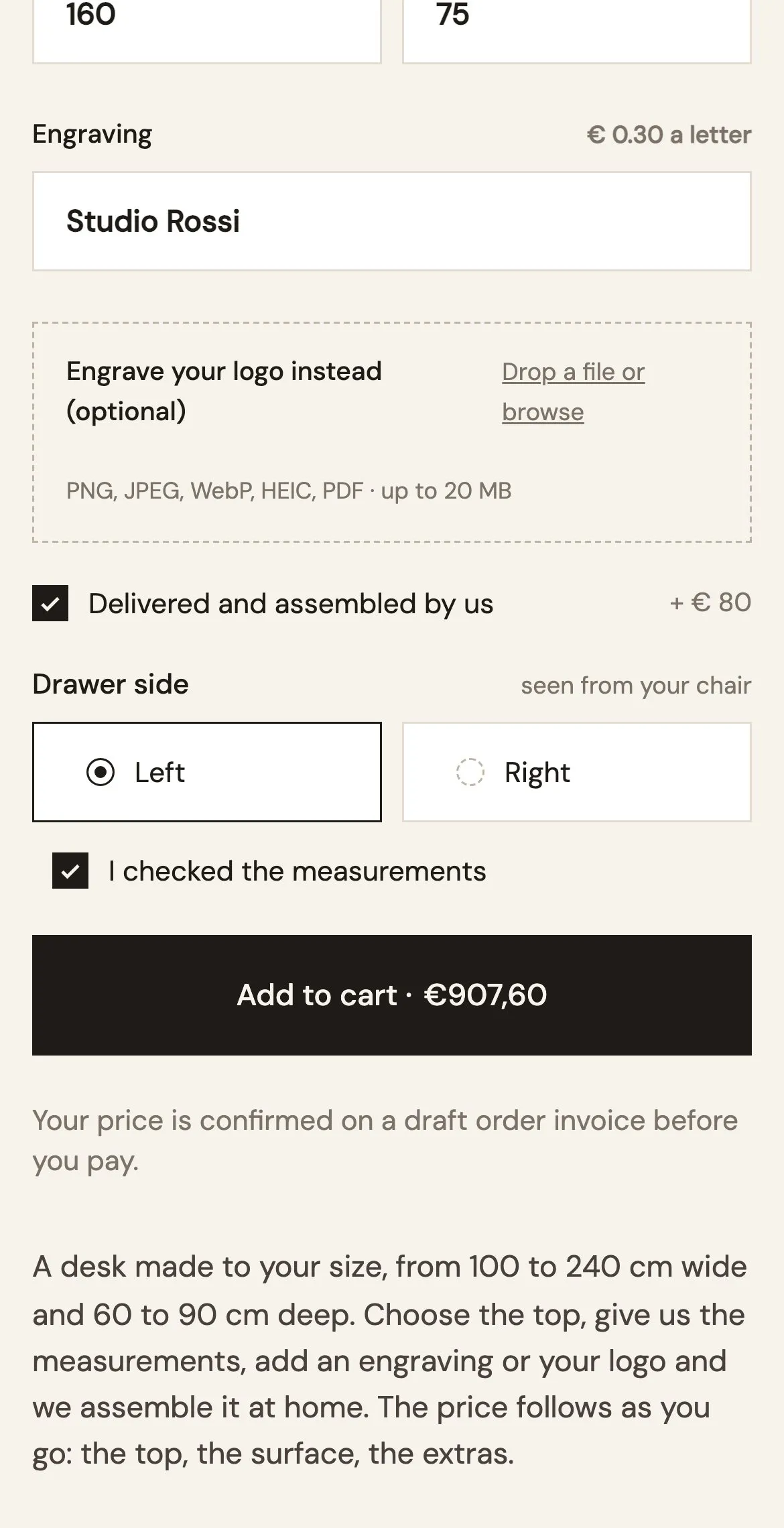 Desk No. 3 on a phone: assembly ticked, drawer side Left chosen, measurements confirmed, Add to cart at €907.60