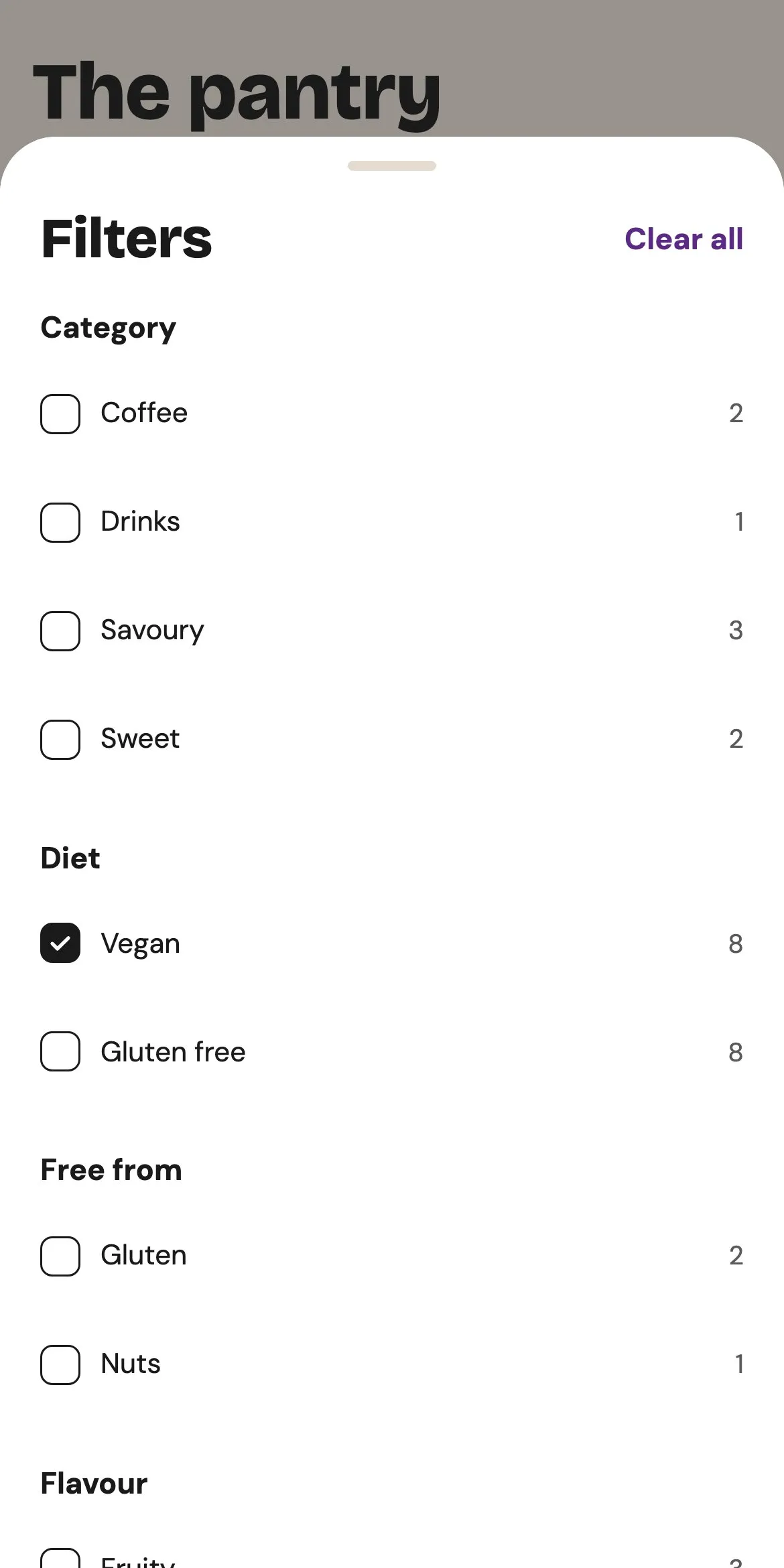 The filters as a bottom sheet on a phone, with Vegan ticked