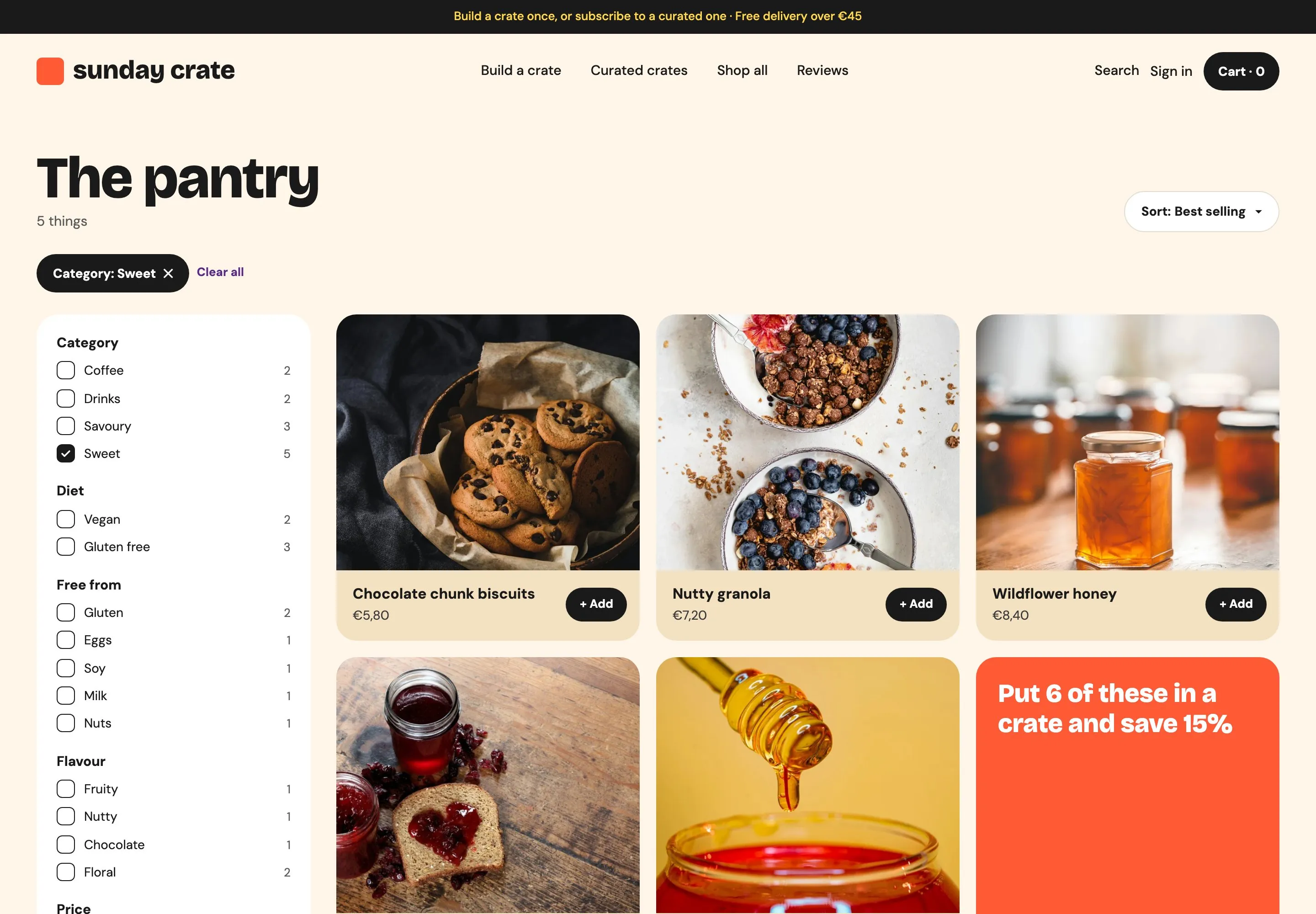 The pantry page filtered by Category Sweet, five products, with the filter sidebar showing counts