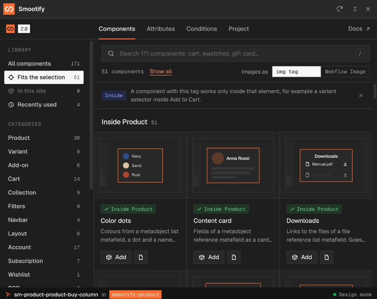 The Components tab with Fits the selection on: 51 components inside Product, such as Color dots, Content card and Downloads, each with an Inside Product tag
