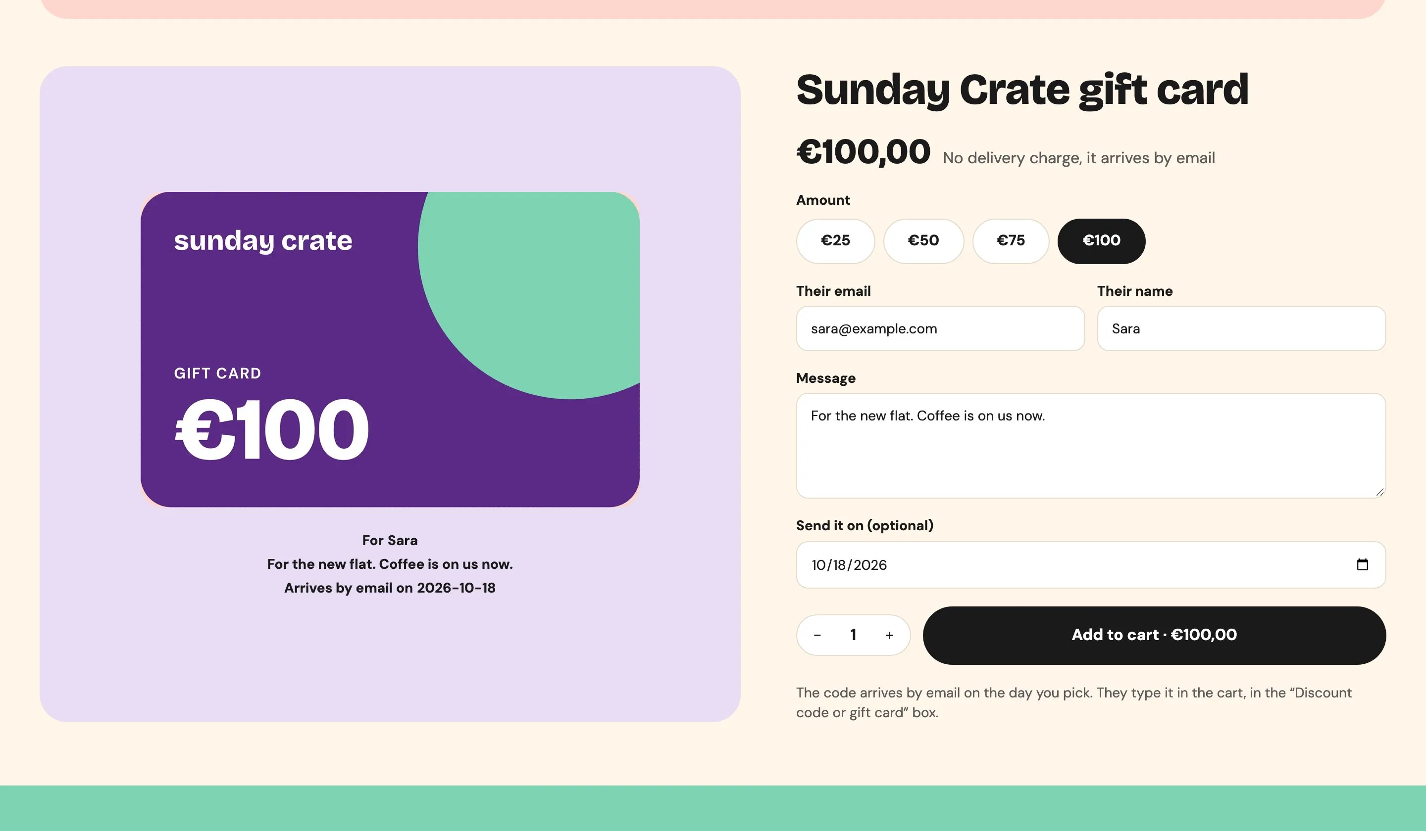 The gift card page with €100 chosen, a purple card design, and the preview reading For Sara with her message