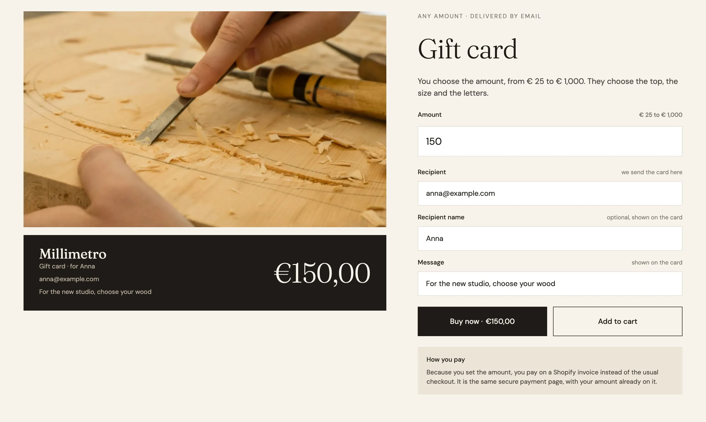 The gift card page with €150 typed, the recipient filled in and the card preview showing the amount and message