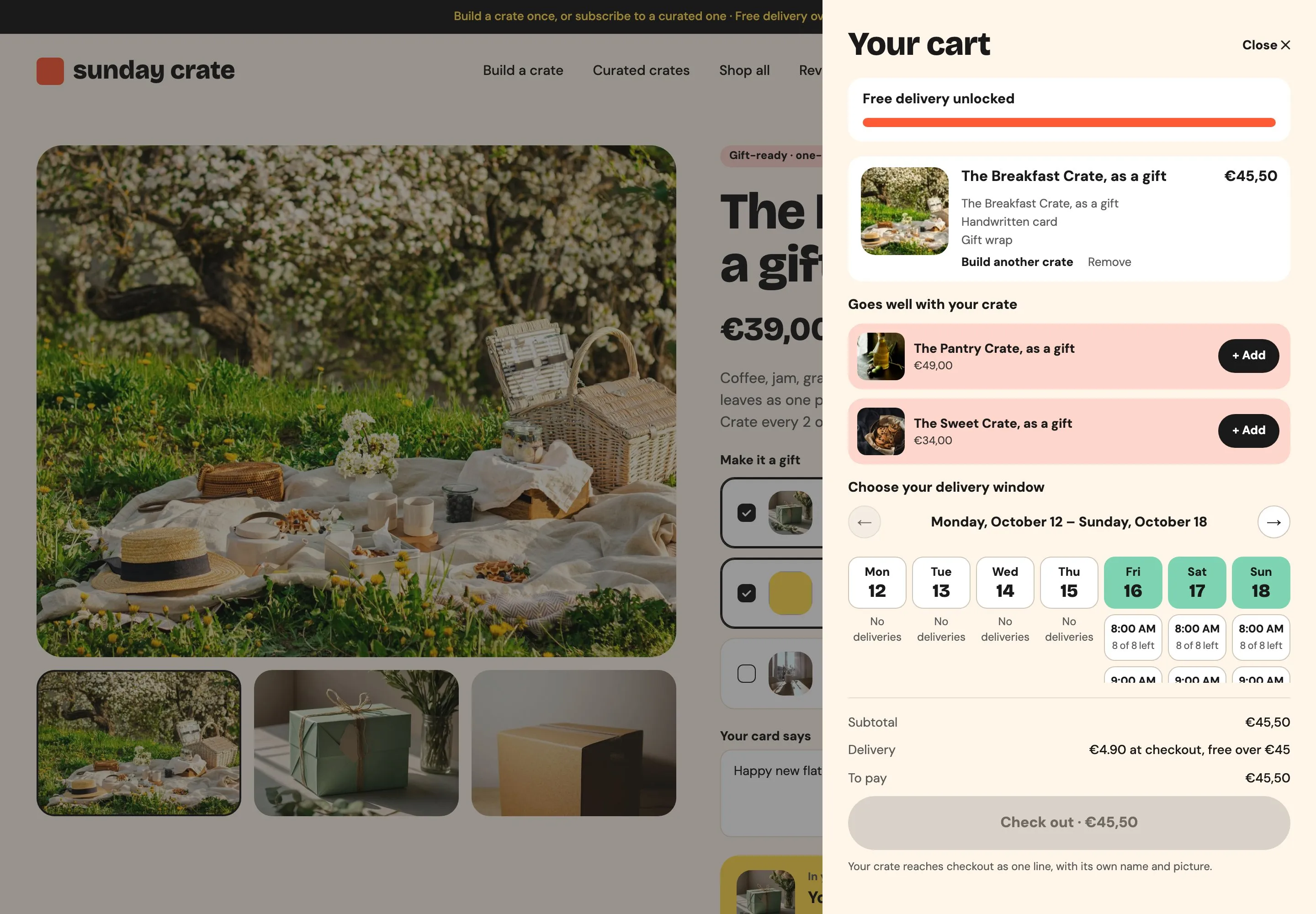 The cart with the gift crate as one line, the handwritten card and the gift wrap listed inside