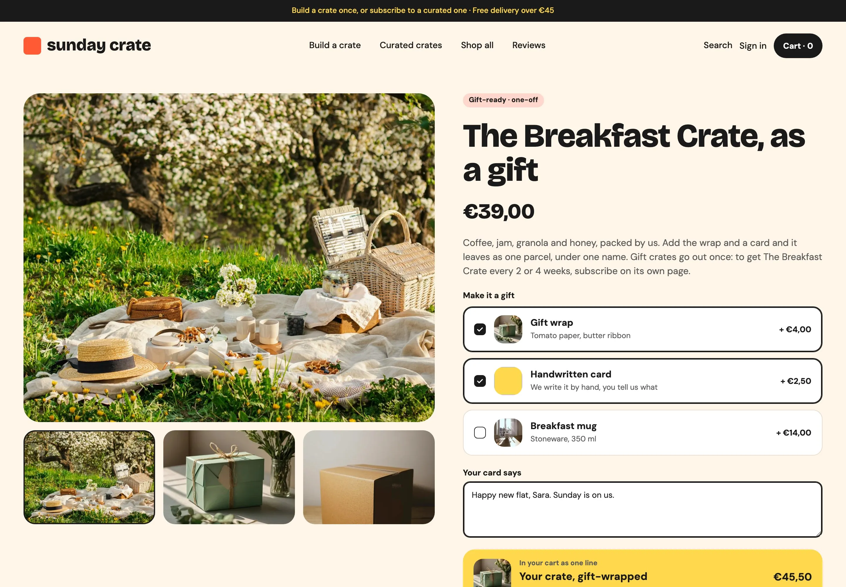 The Breakfast Crate as a gift, with Gift wrap and Handwritten card ticked and a card message typed
