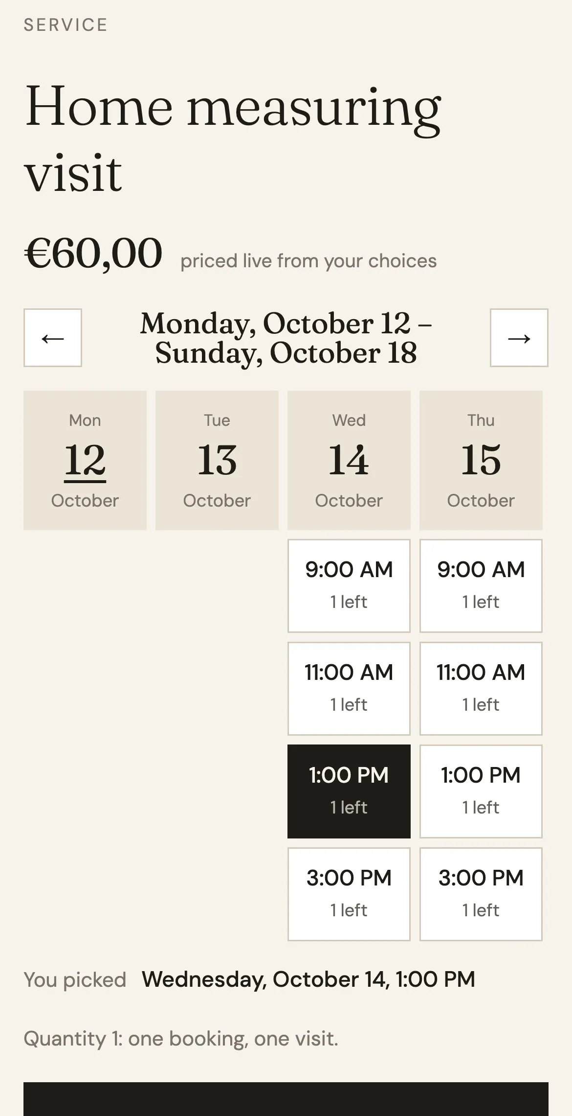 The Home measuring visit product on a phone, with a two-hour slot selected