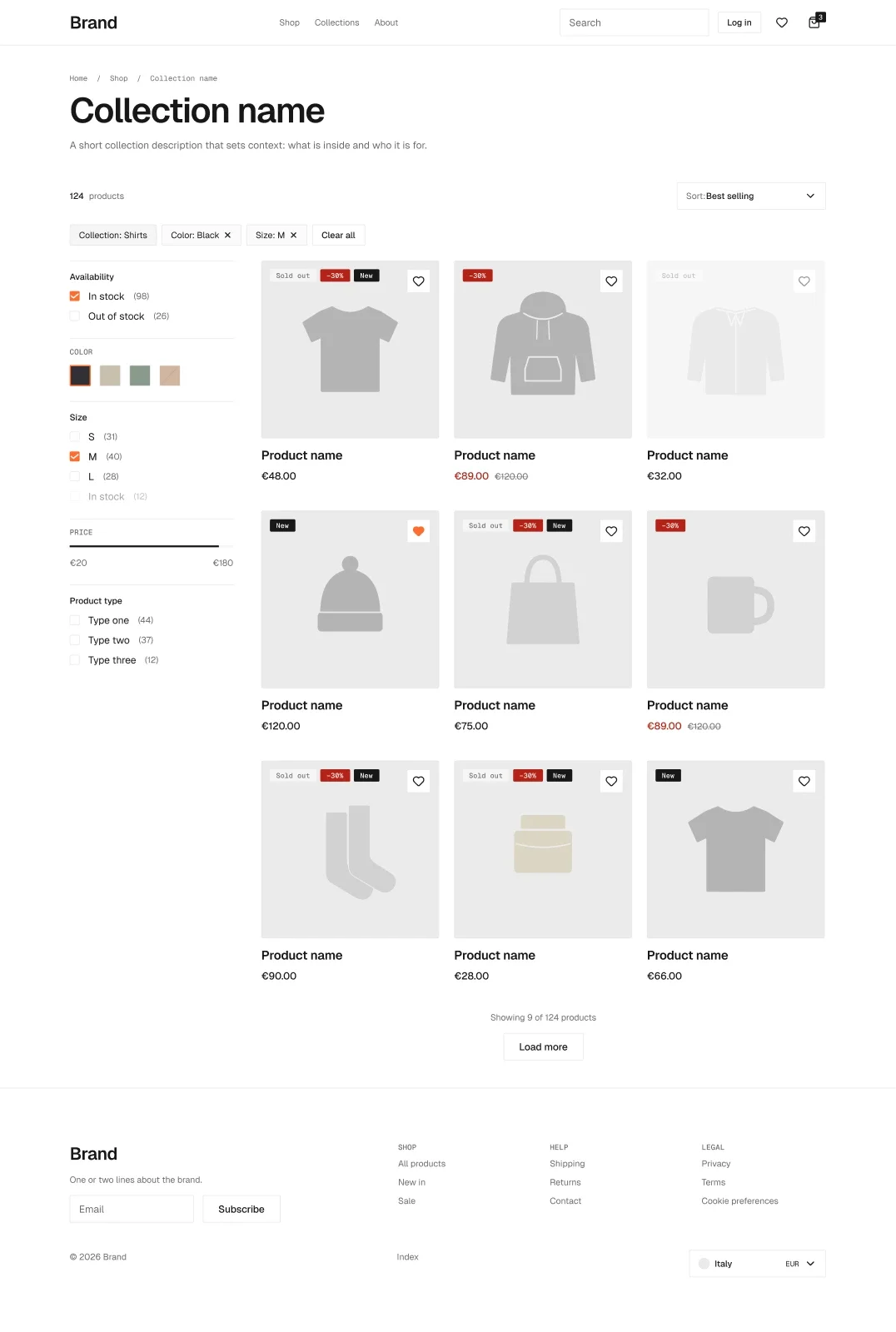 Collection page in the wireframe kit