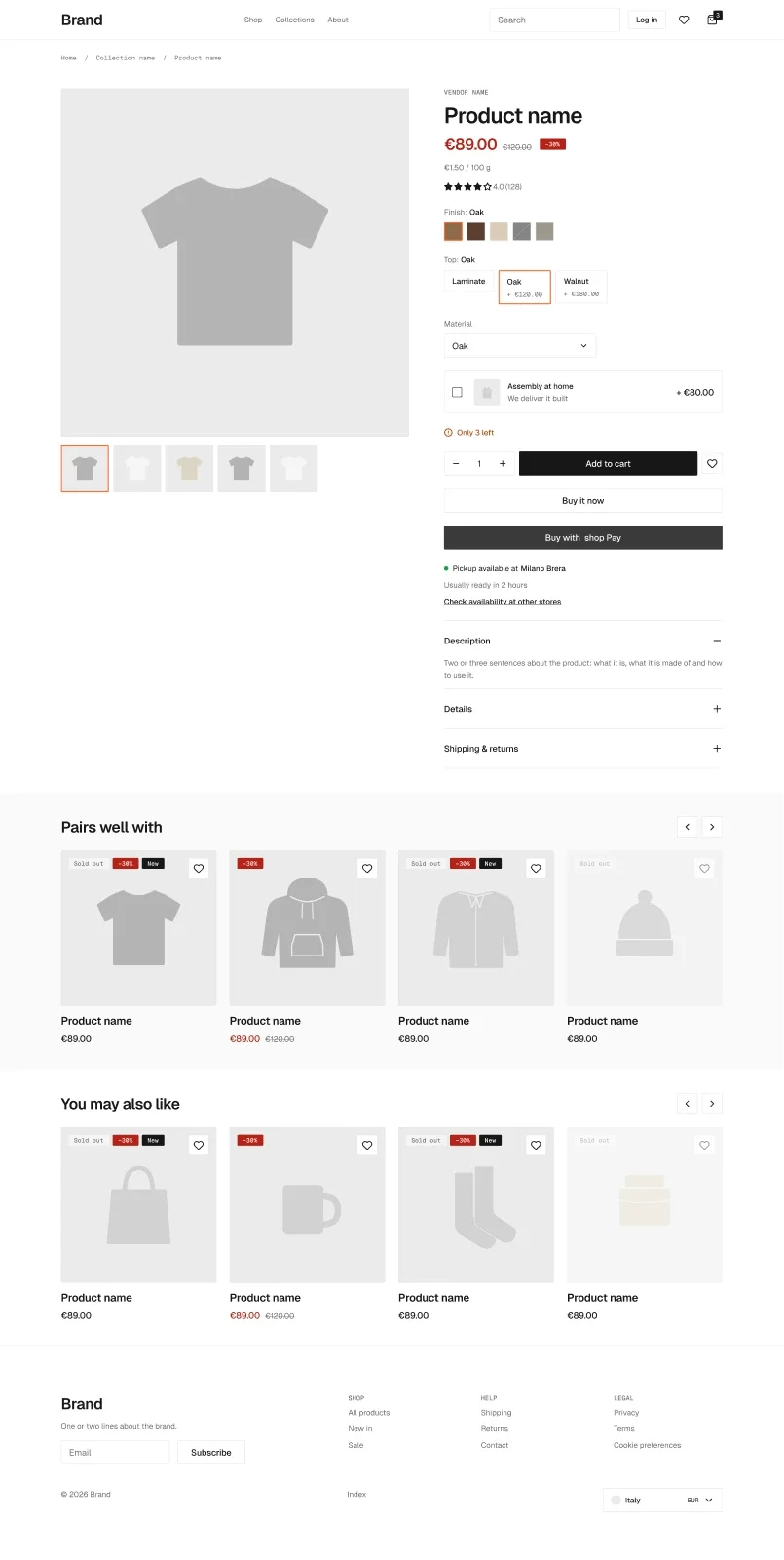 Product page in the wireframe kit