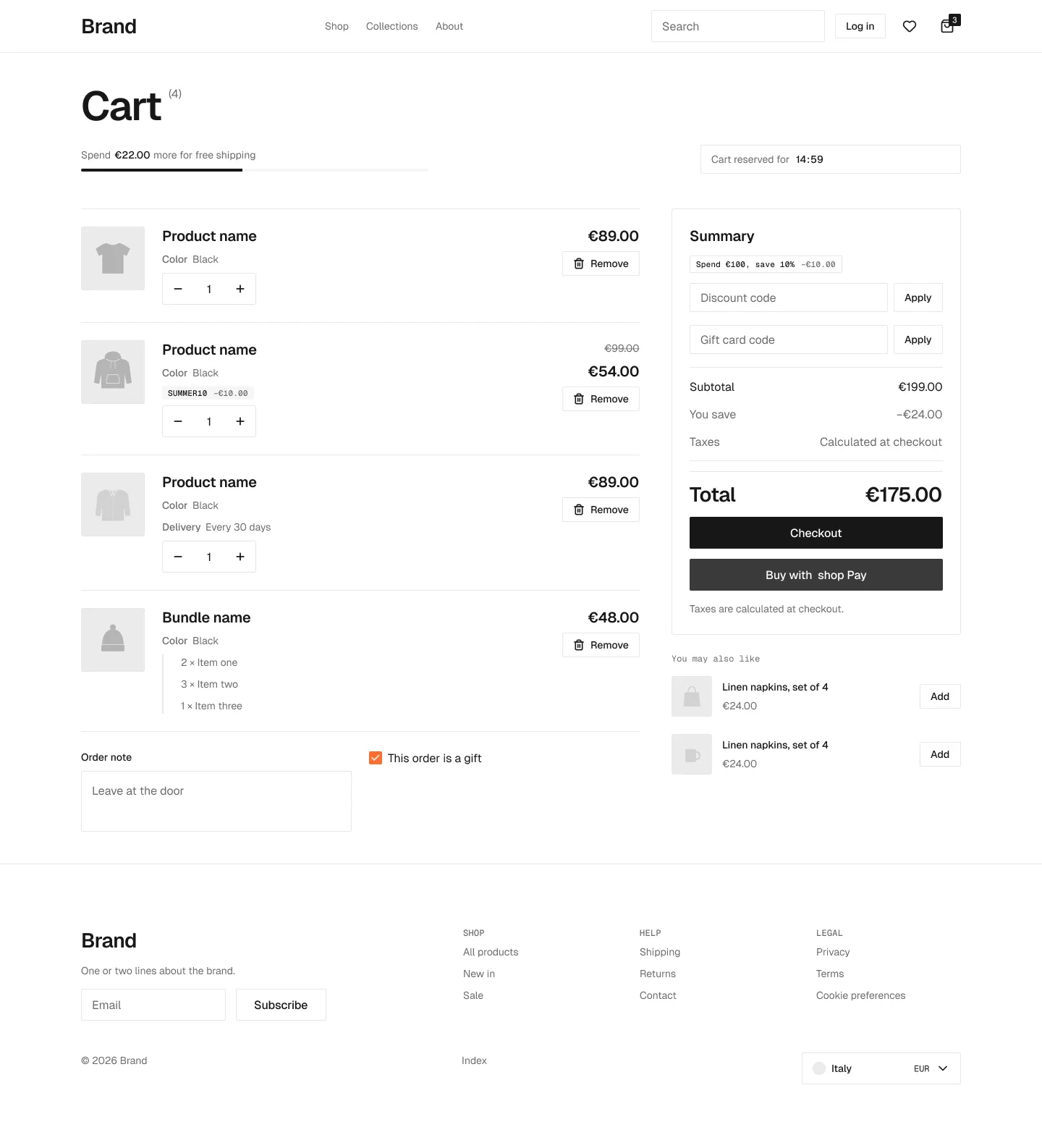 Cart page in the wireframe kit