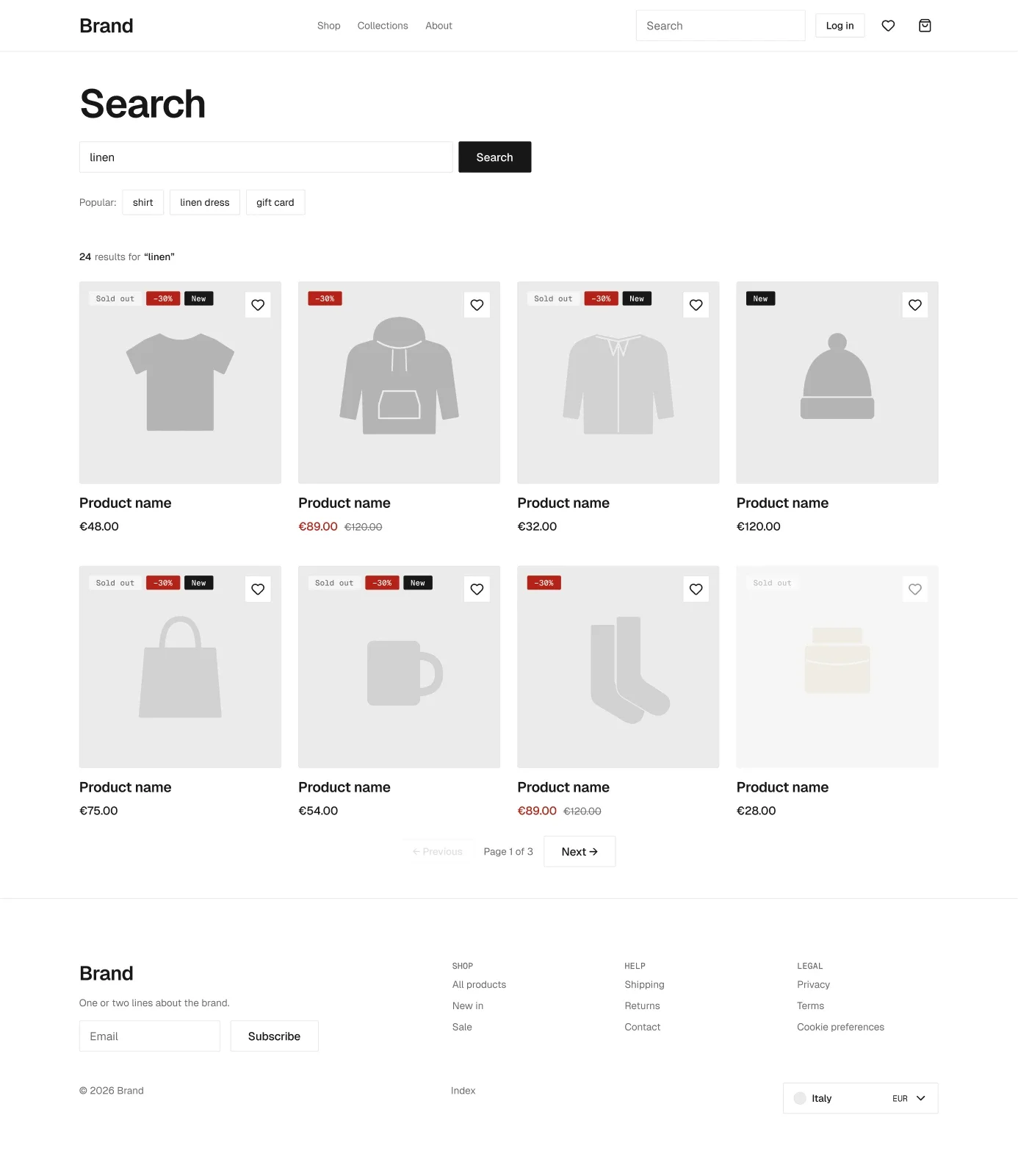 Search page in the wireframe kit