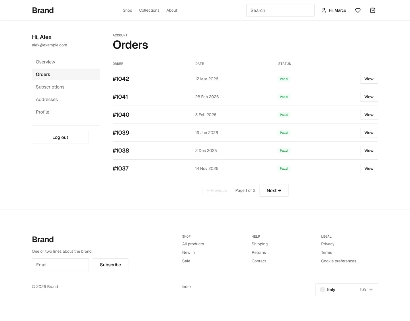 Account orders page in the wireframe kit