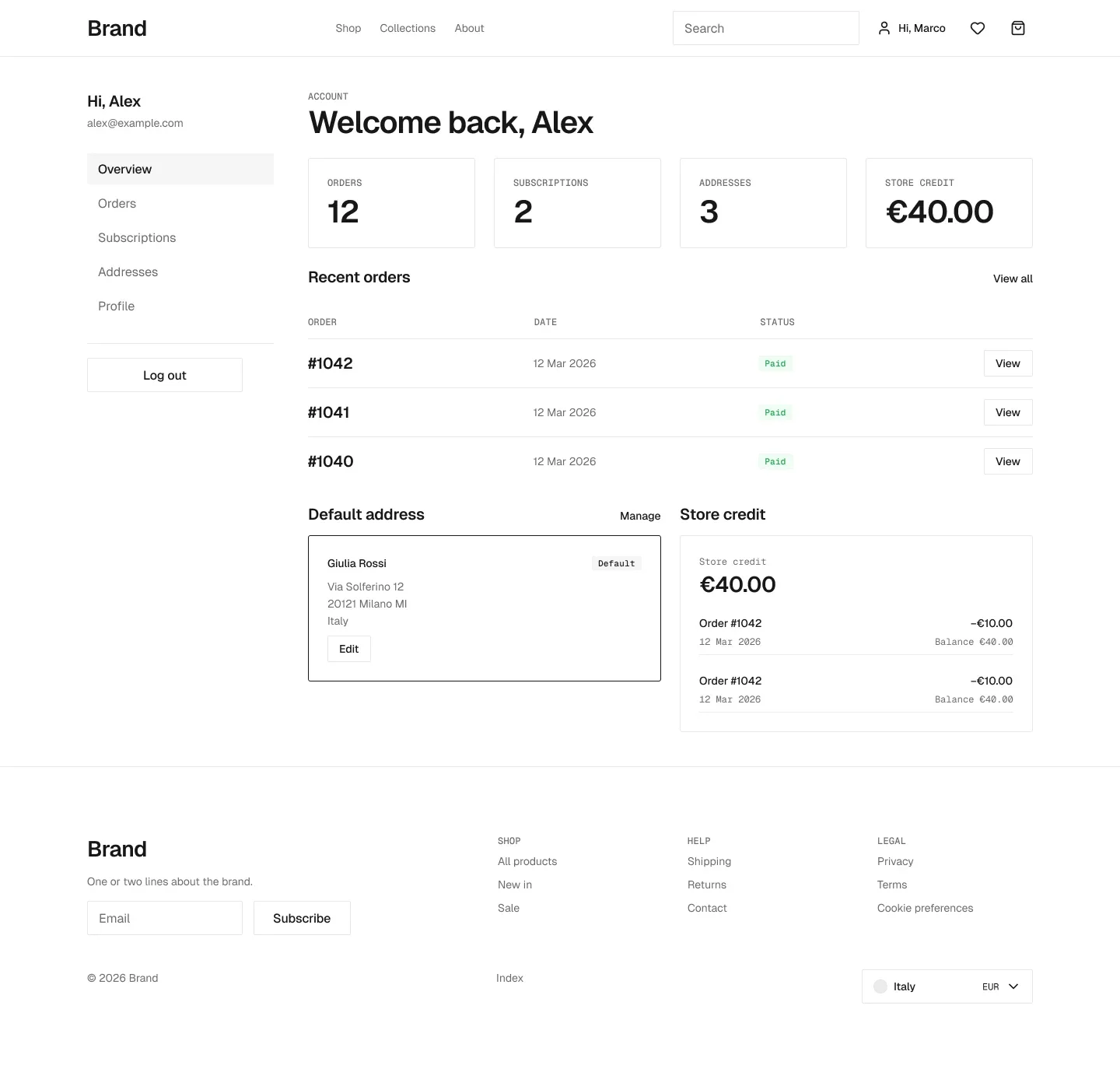 Account overview page in the wireframe kit