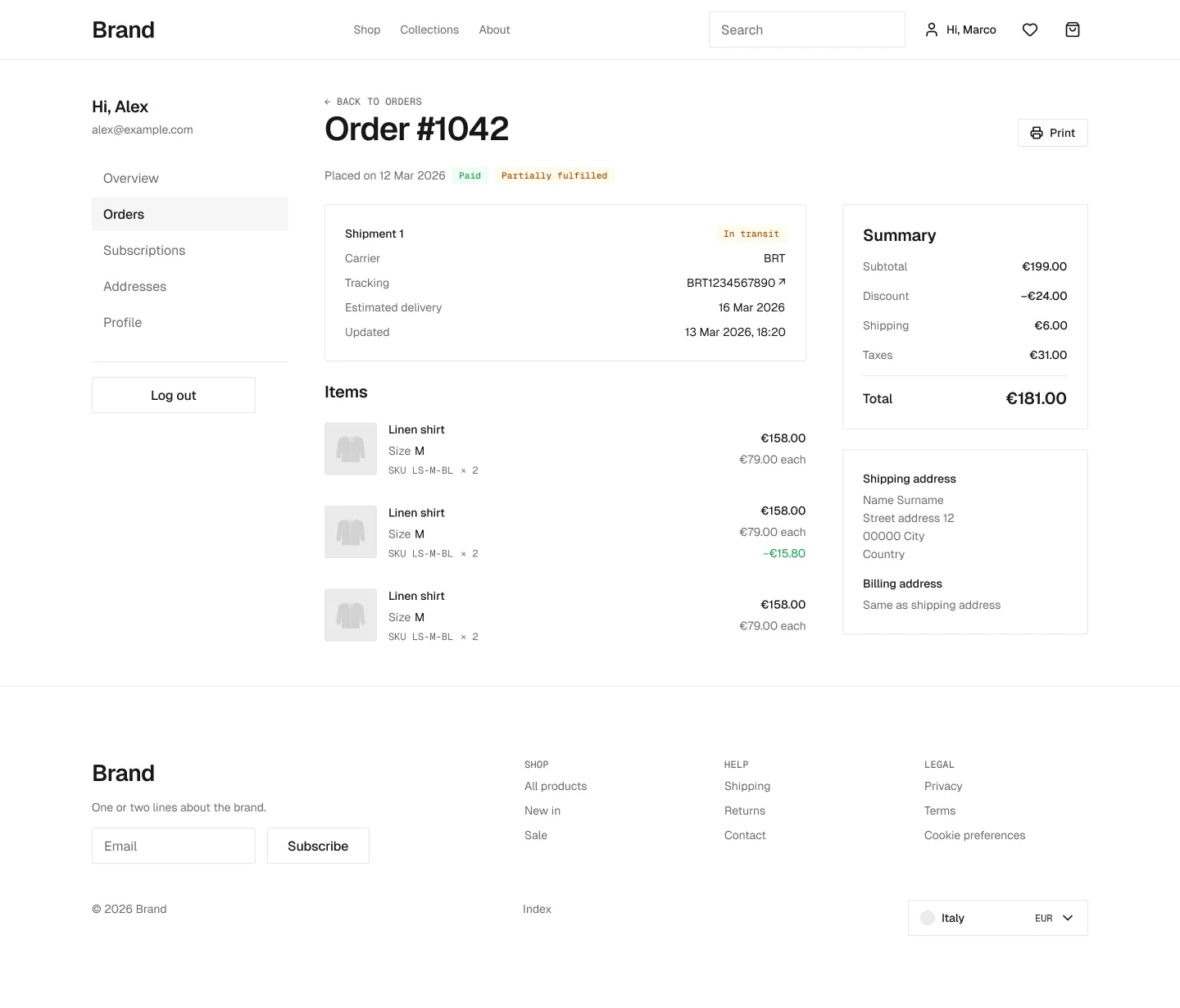 Order detail page in the wireframe kit