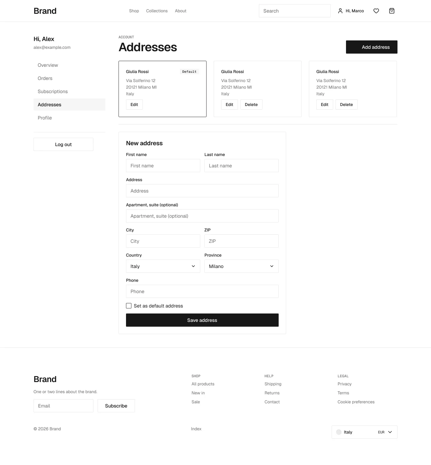 Addresses page in the wireframe kit