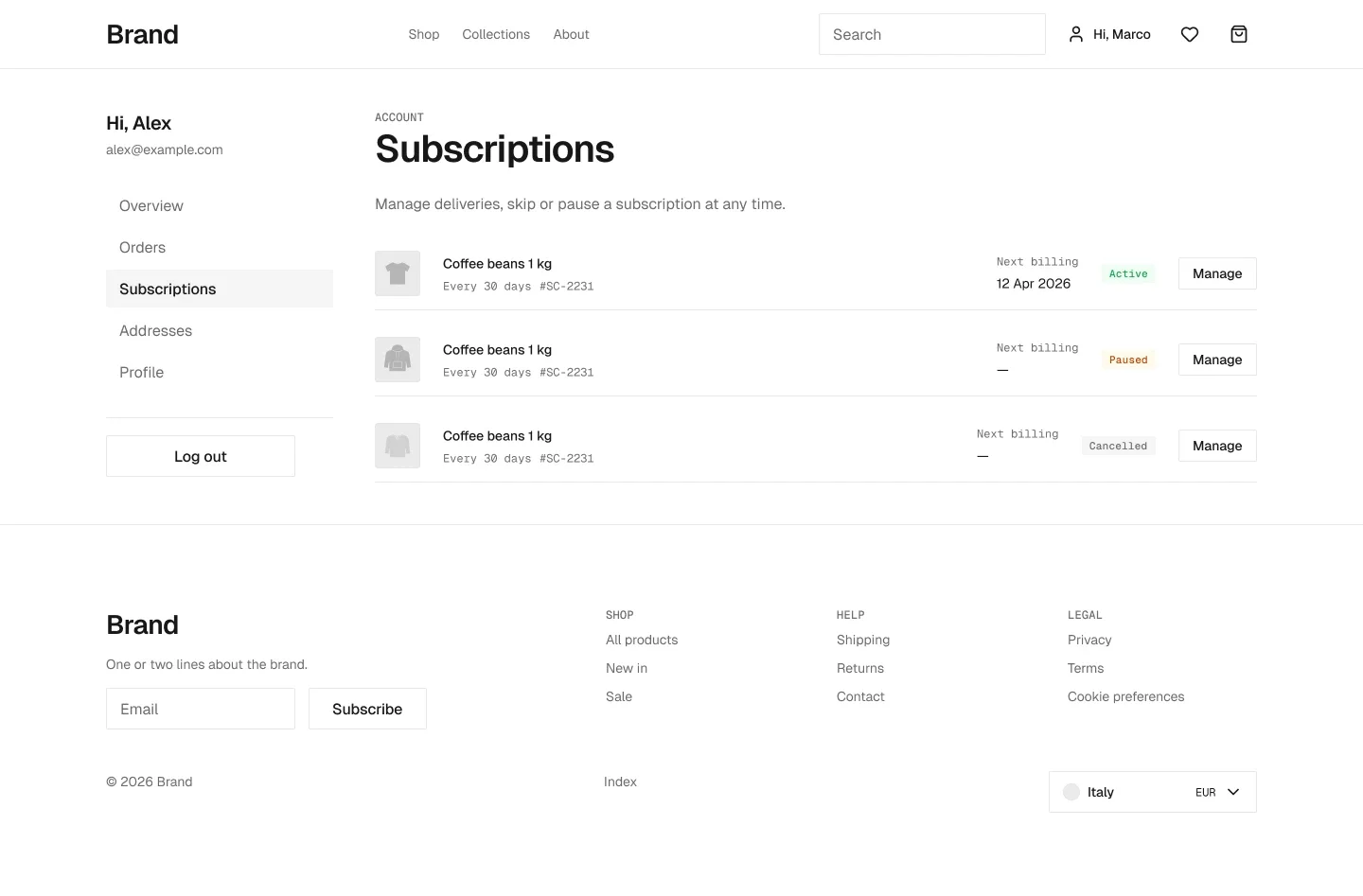 Subscriptions page in the wireframe kit