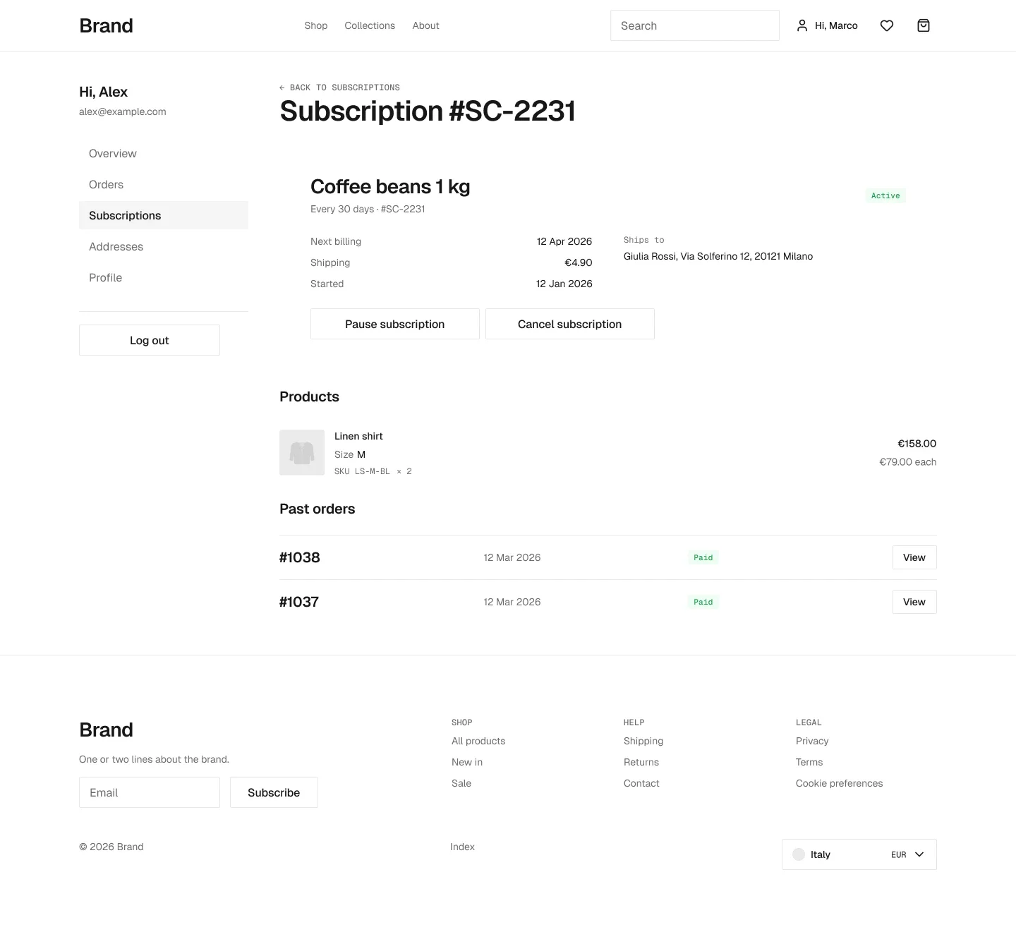 Subscription detail page in the wireframe kit
