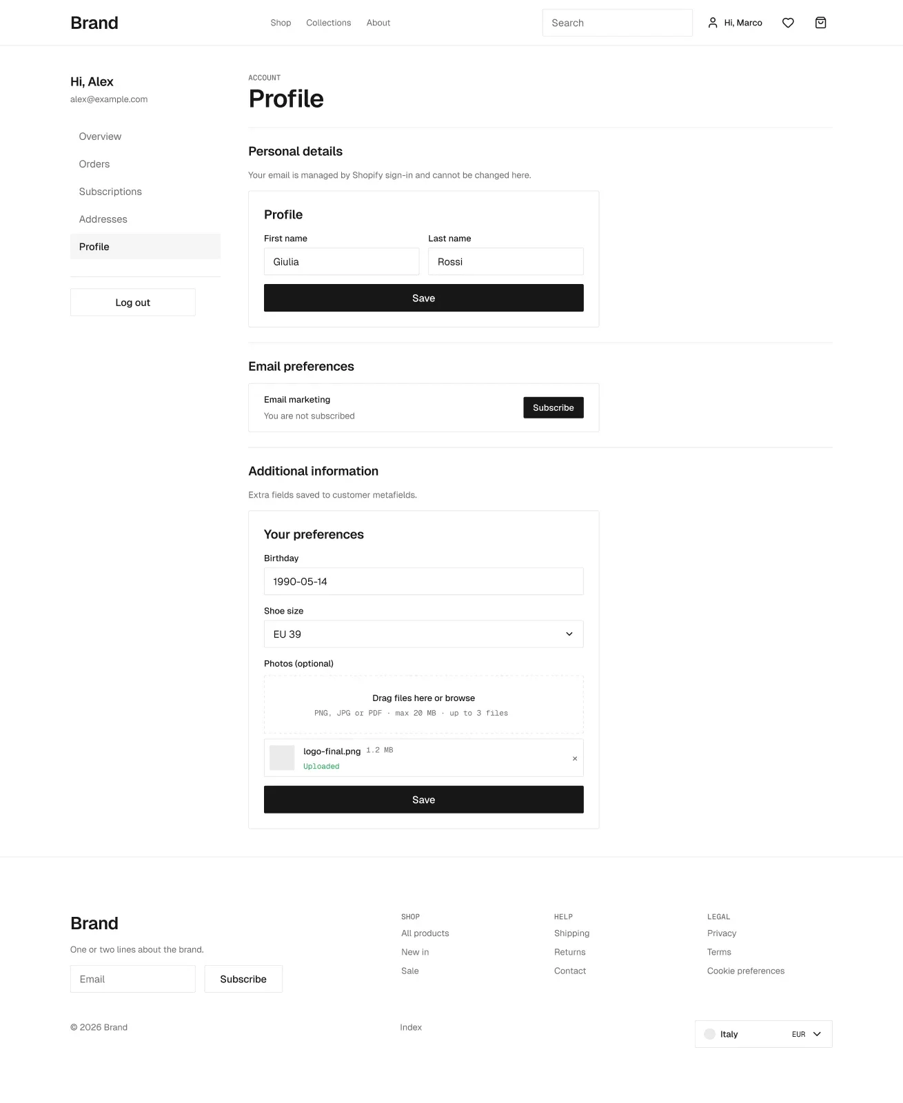 Account profile page in the wireframe kit