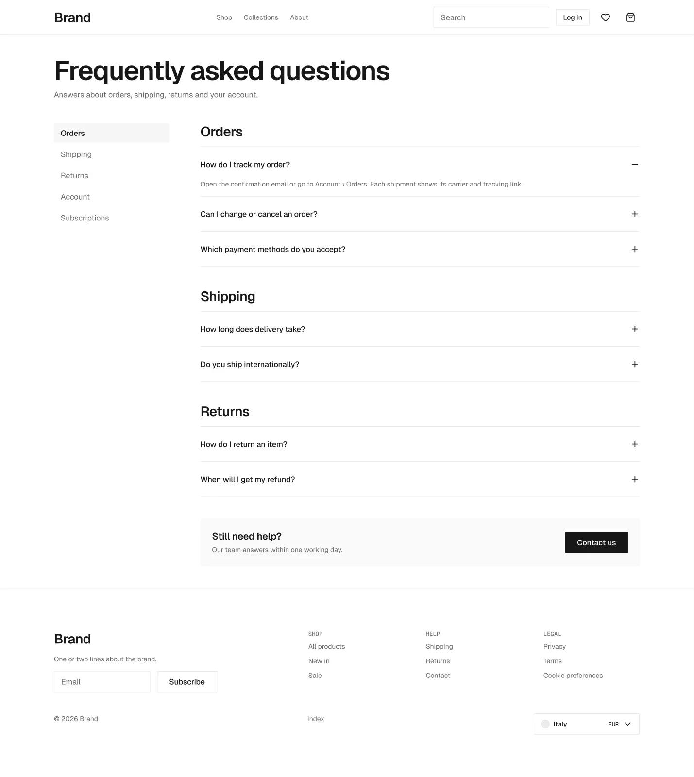 FAQ page in the wireframe kit