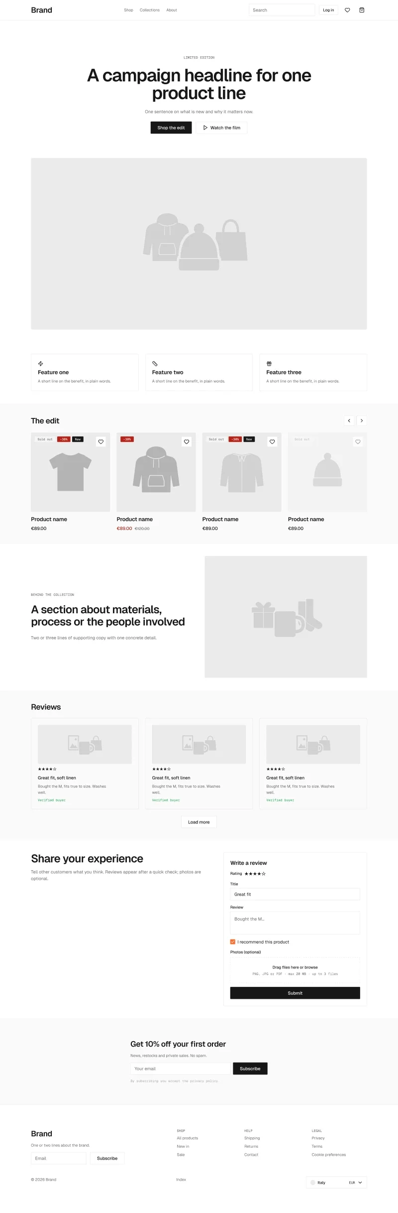 Landing page in the wireframe kit