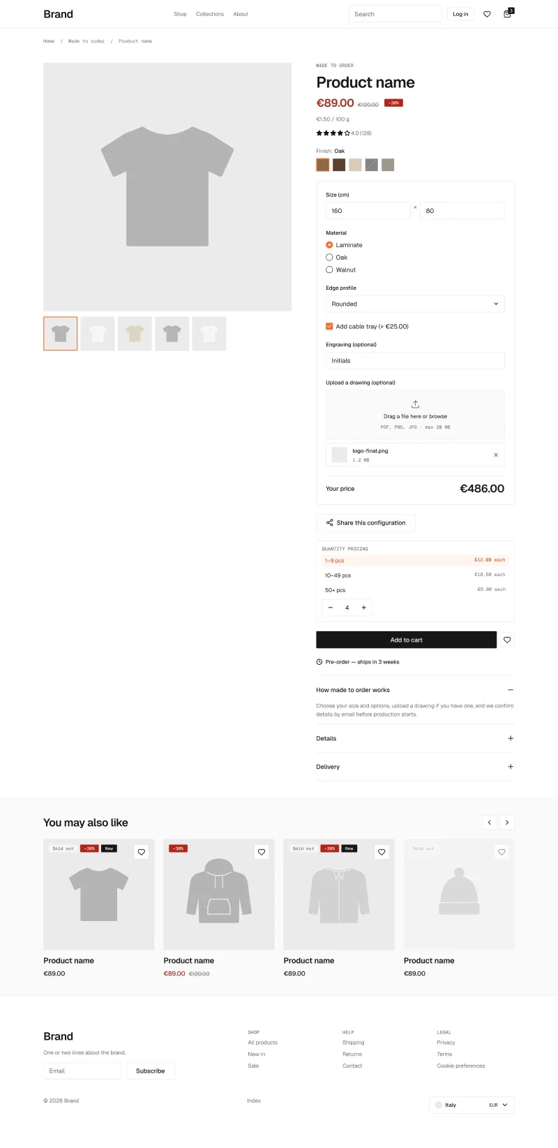 Product with configurator page in the wireframe kit