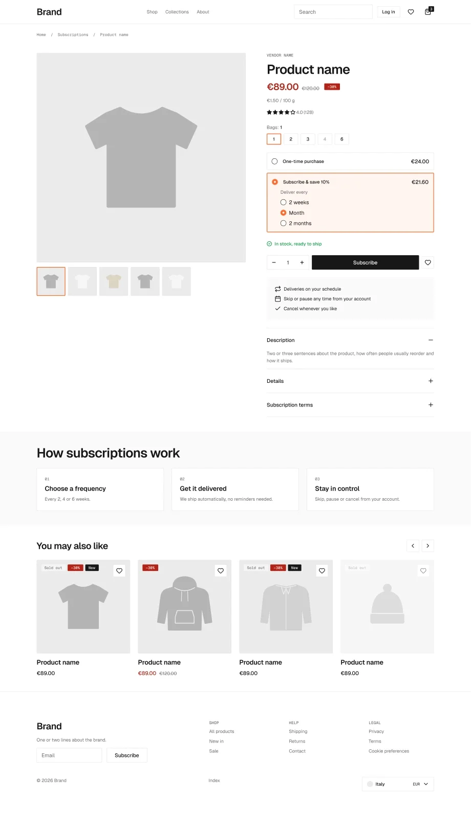 Subscription product page in the wireframe kit