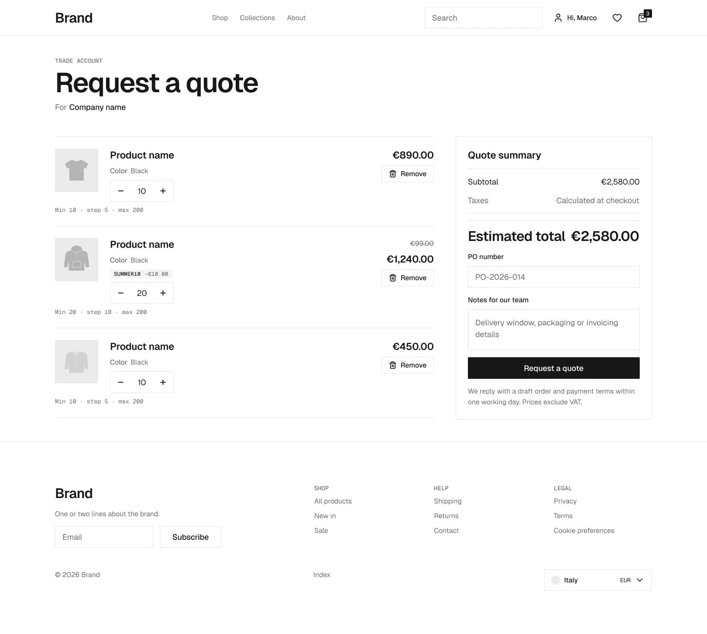 B2B quote page in the wireframe kit
