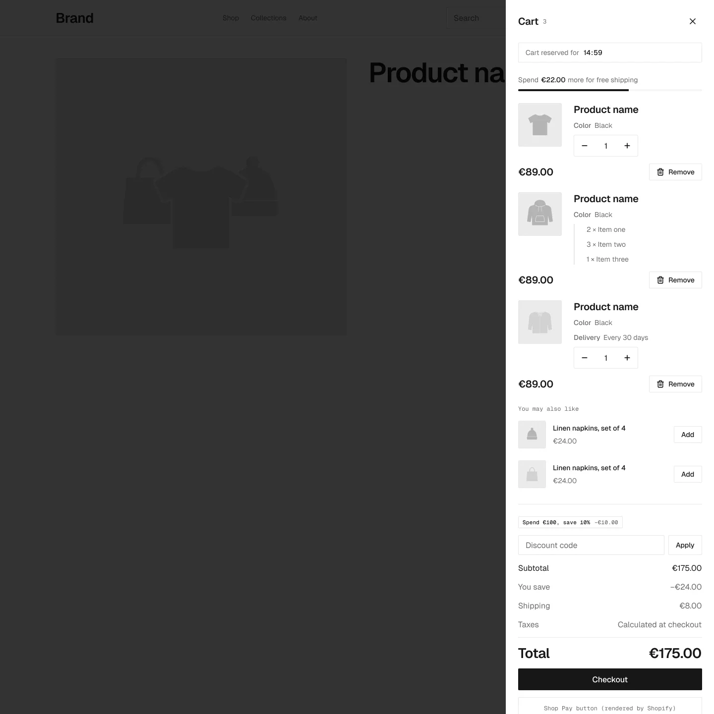 Cart drawer page in the wireframe kit