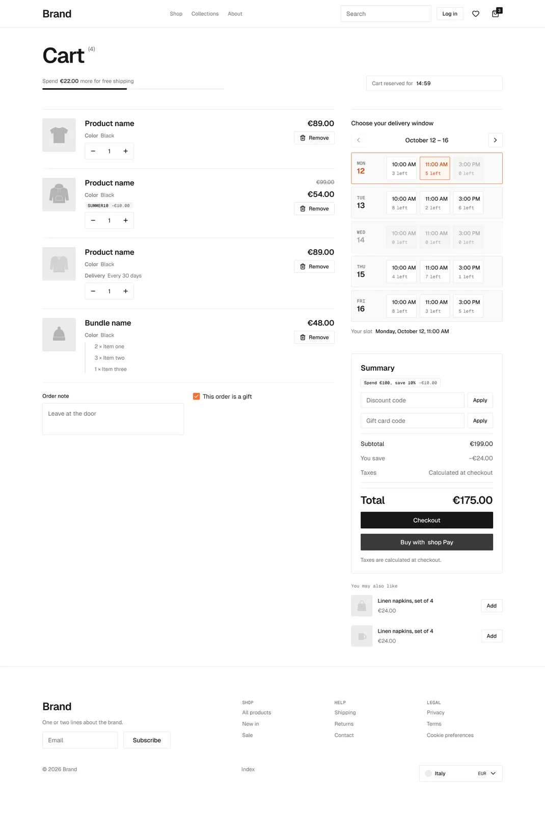 Cart with delivery window page in the wireframe kit